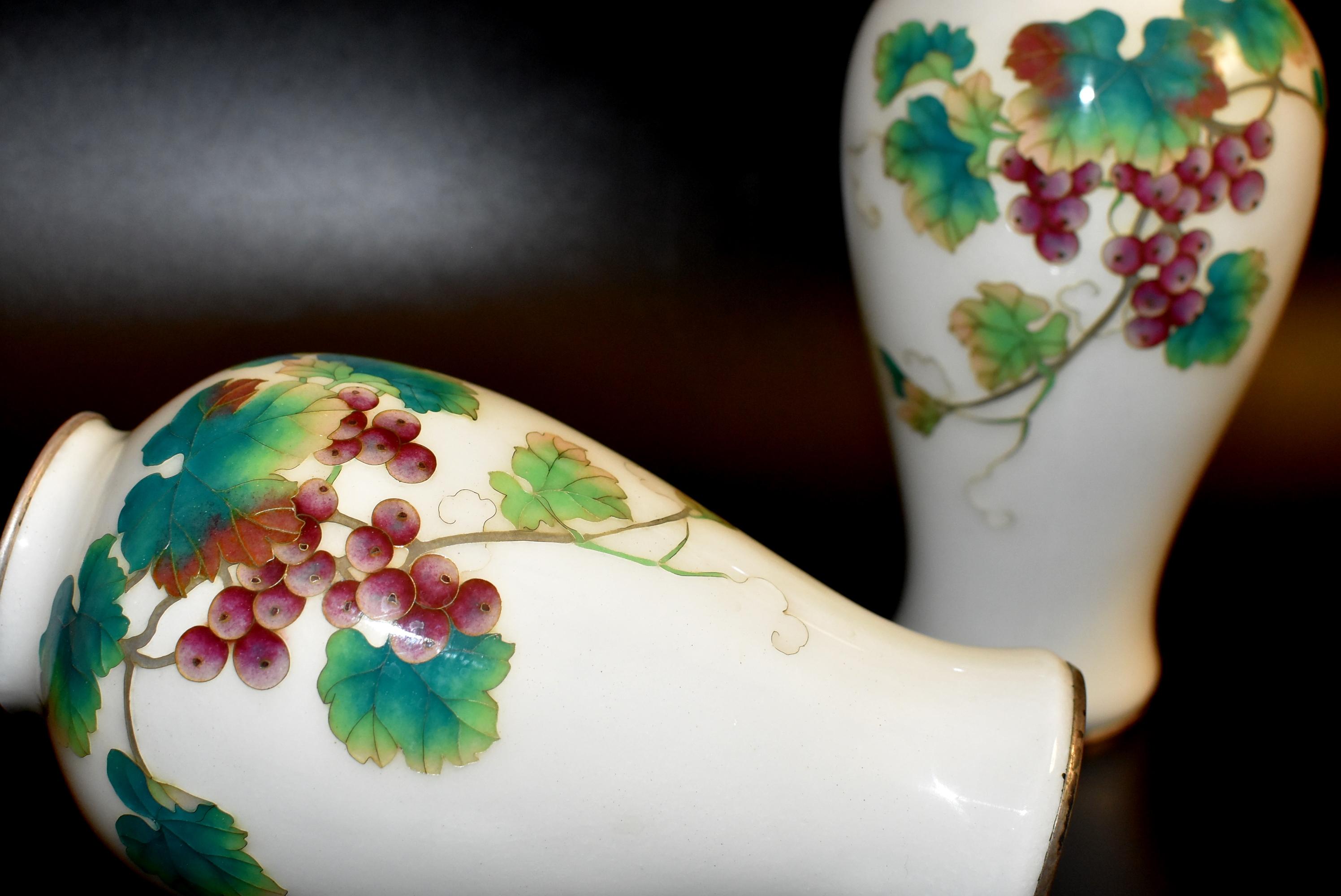 Pair of Ando Jubei Cloisonné Vase, Signed, Grapes 5
