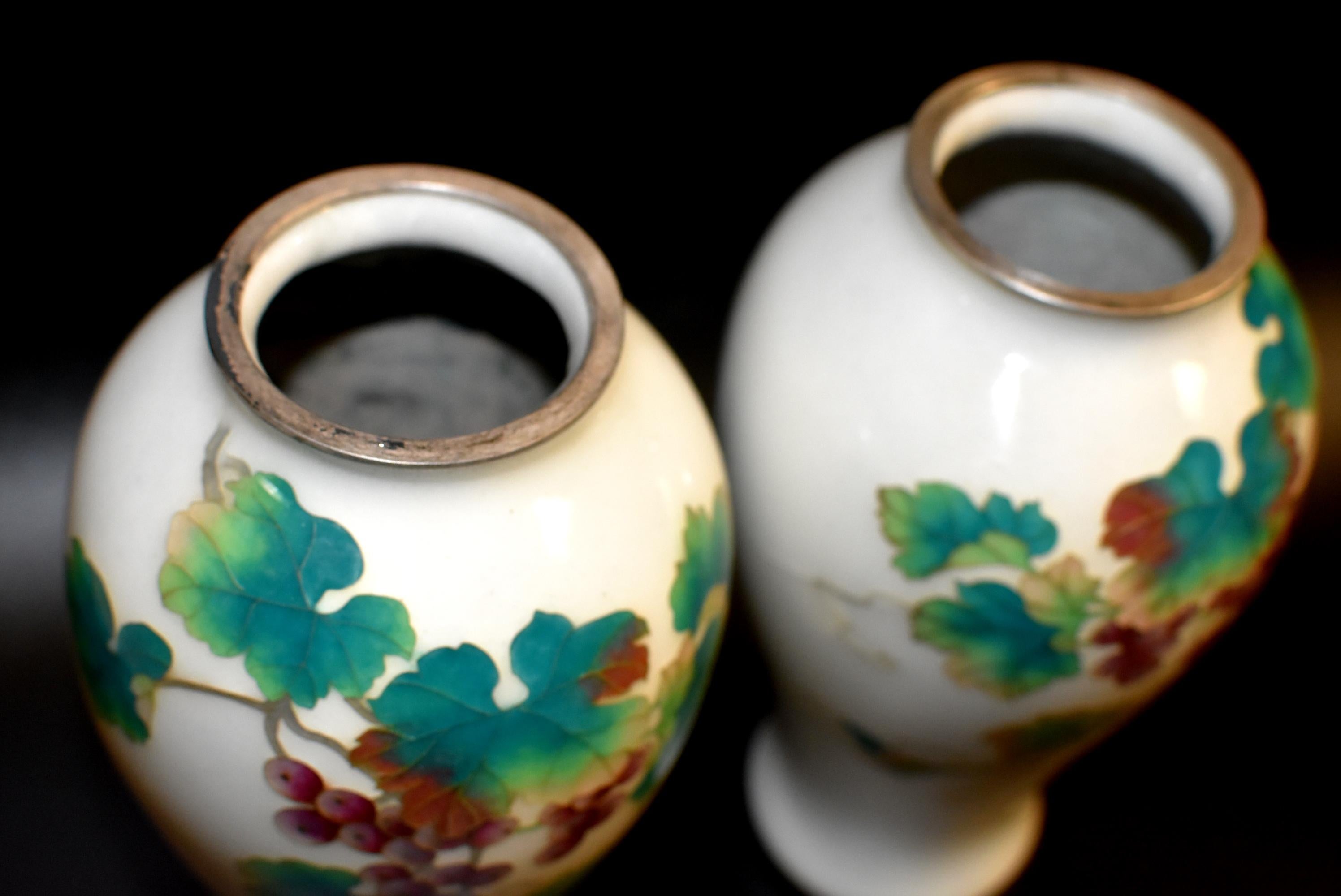 Pair of Ando Jubei Cloisonné Vase, Signed, Grapes 8