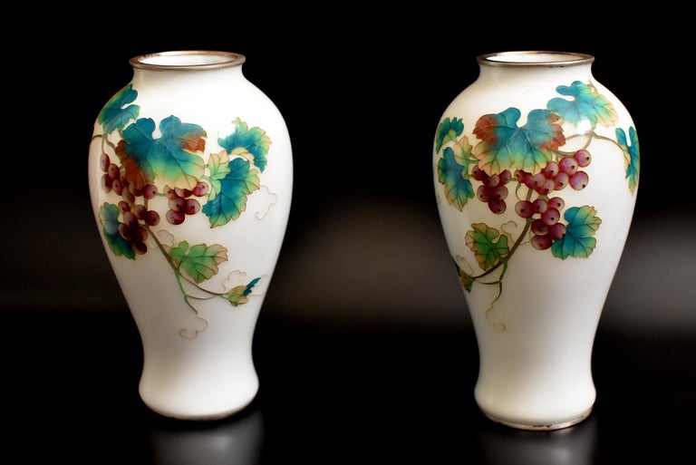 Japanese Pair of Ando Jubei Cloisonné Vase, Signed, Grapes For Sale