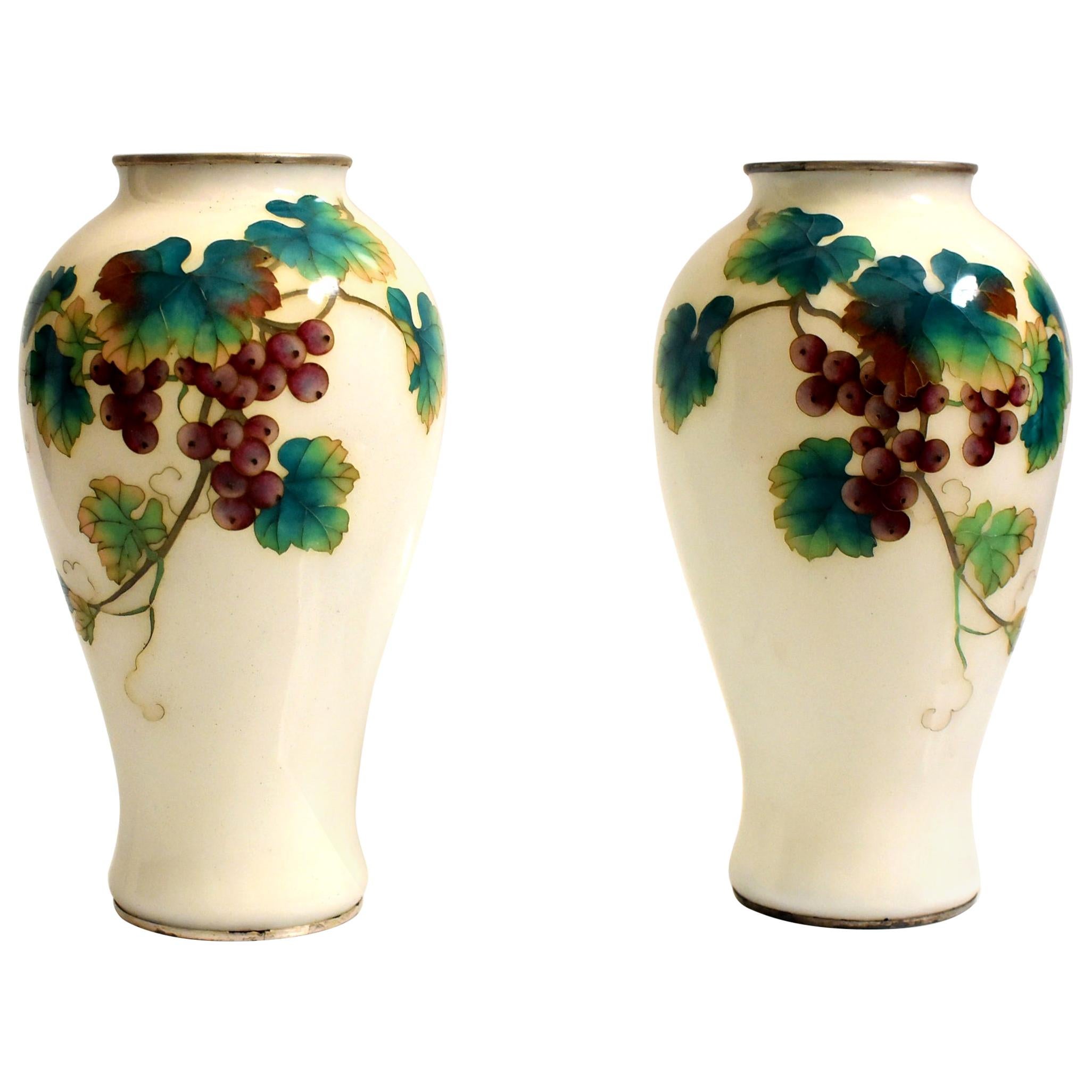 Pair of Ando Jubei Cloisonné Vase, Signed, Grapes