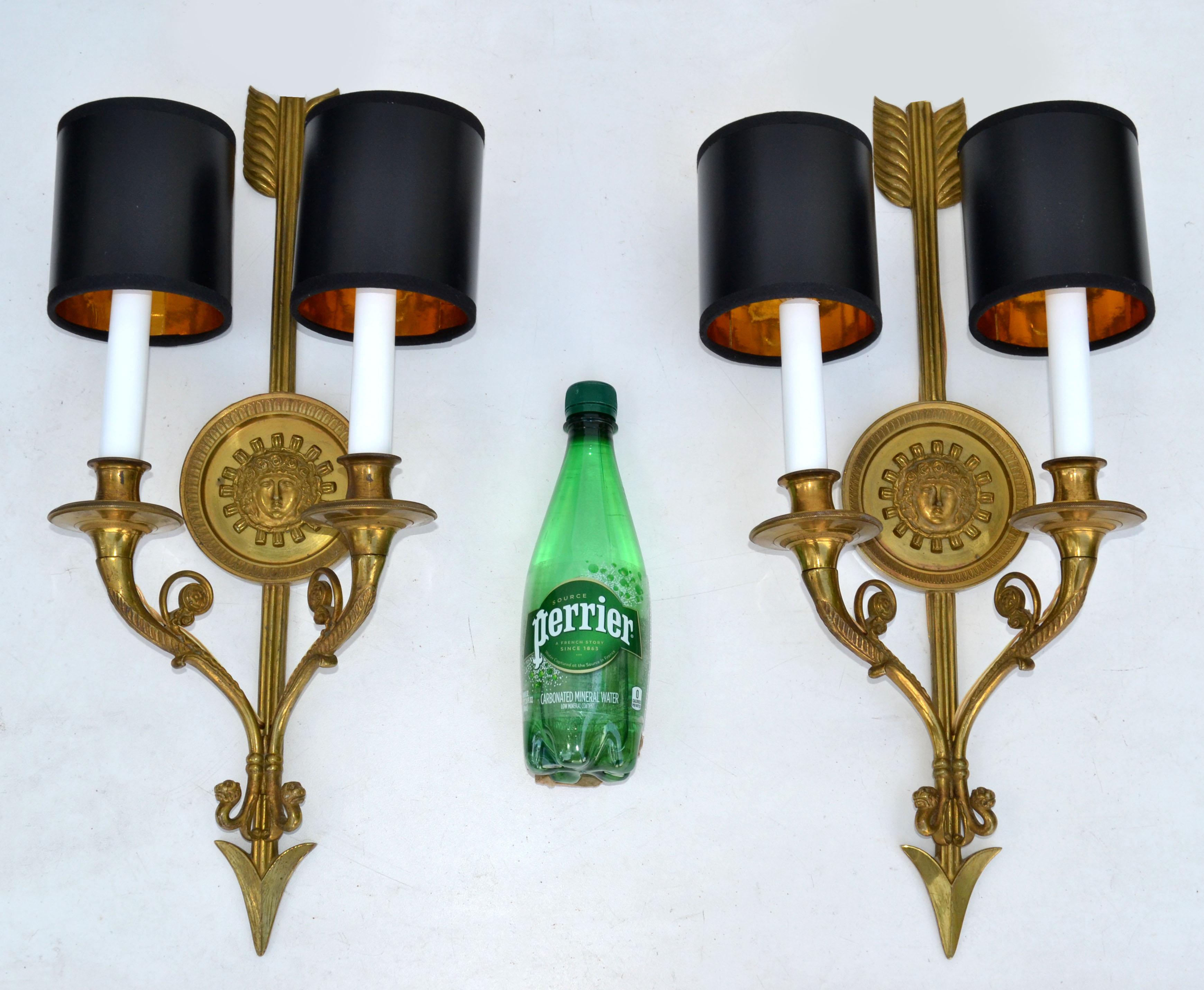 Pair of Andre Arbus Bronze Arrow Sconces 2 Lights, Wall Lamp French Neoclassical For Sale 4