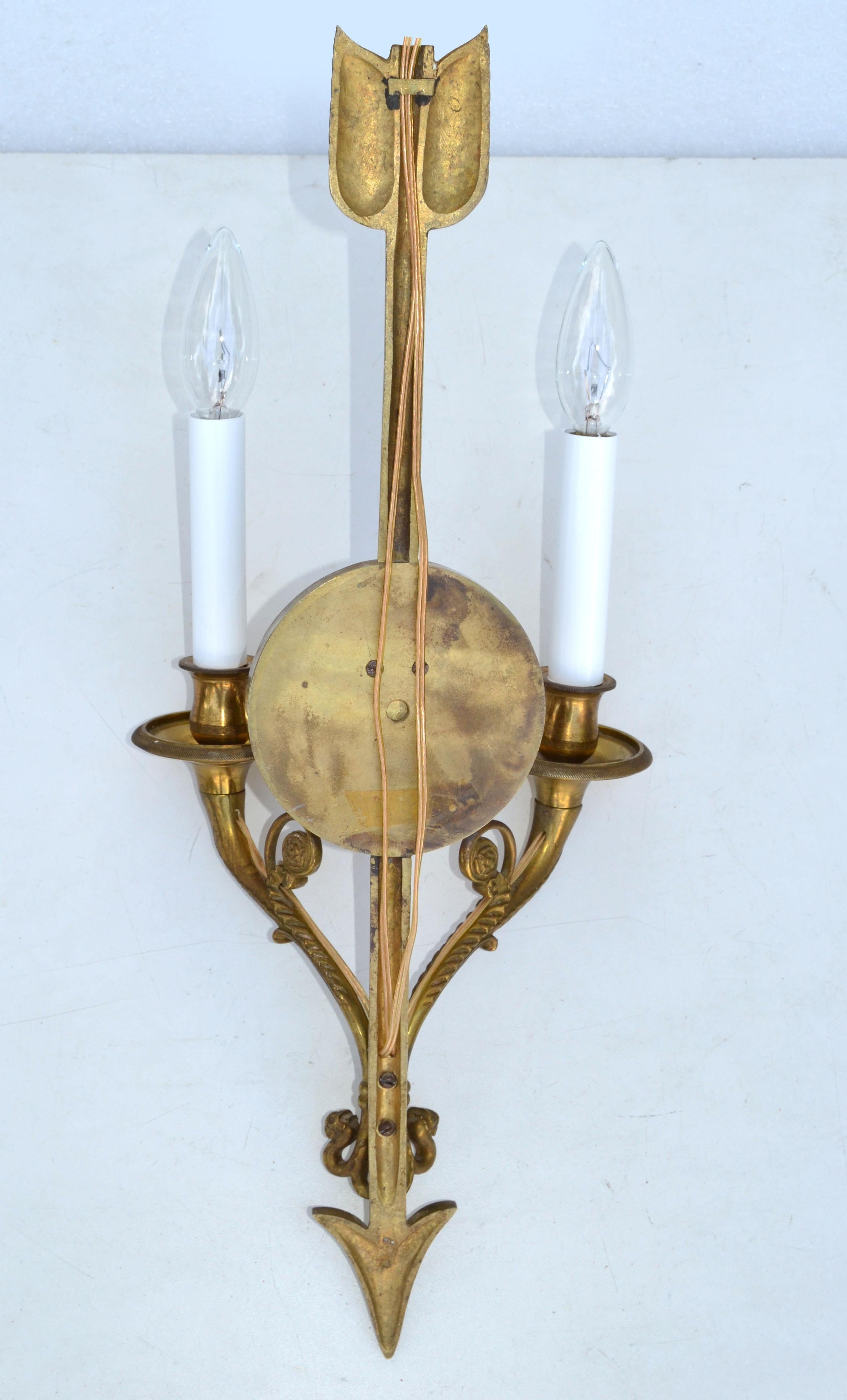 Pair of Andre Arbus Bronze Arrow Sconces 2 Lights, Wall Lamp French Neoclassical For Sale 7