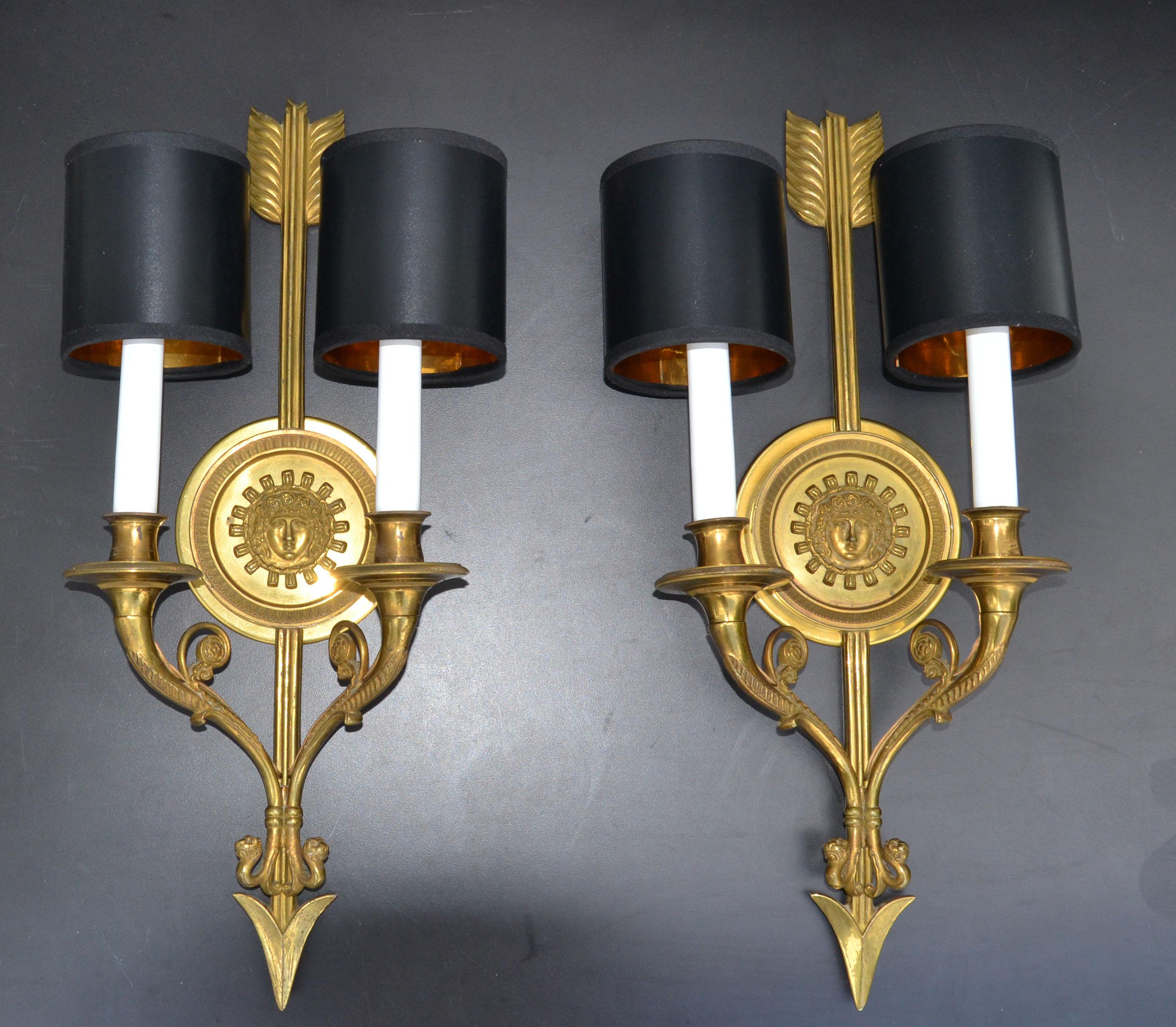 Pair of Andre Arbus Bronze Arrow Sconces 2 Lights, Wall Lamp French Neoclassical For Sale 9