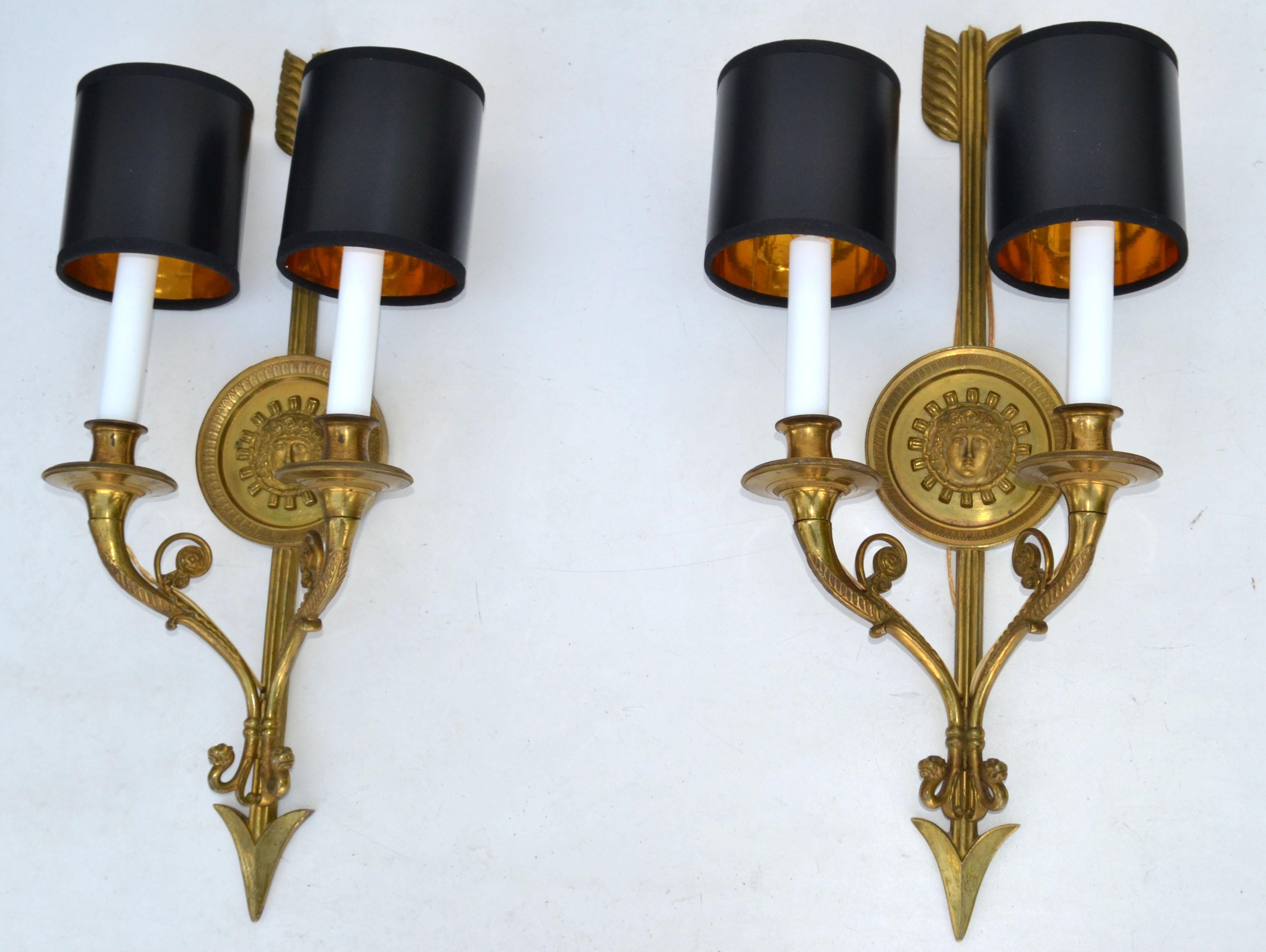 Superb pair of Andre Arbus style arrow sconces, wall lights in bronze with black & gold clip on Paper Shades.
US Rewired and in working condition, each Sconce takes 2 light bulbs with max 40 watts.
Custom back-plate available.
Measures: Back