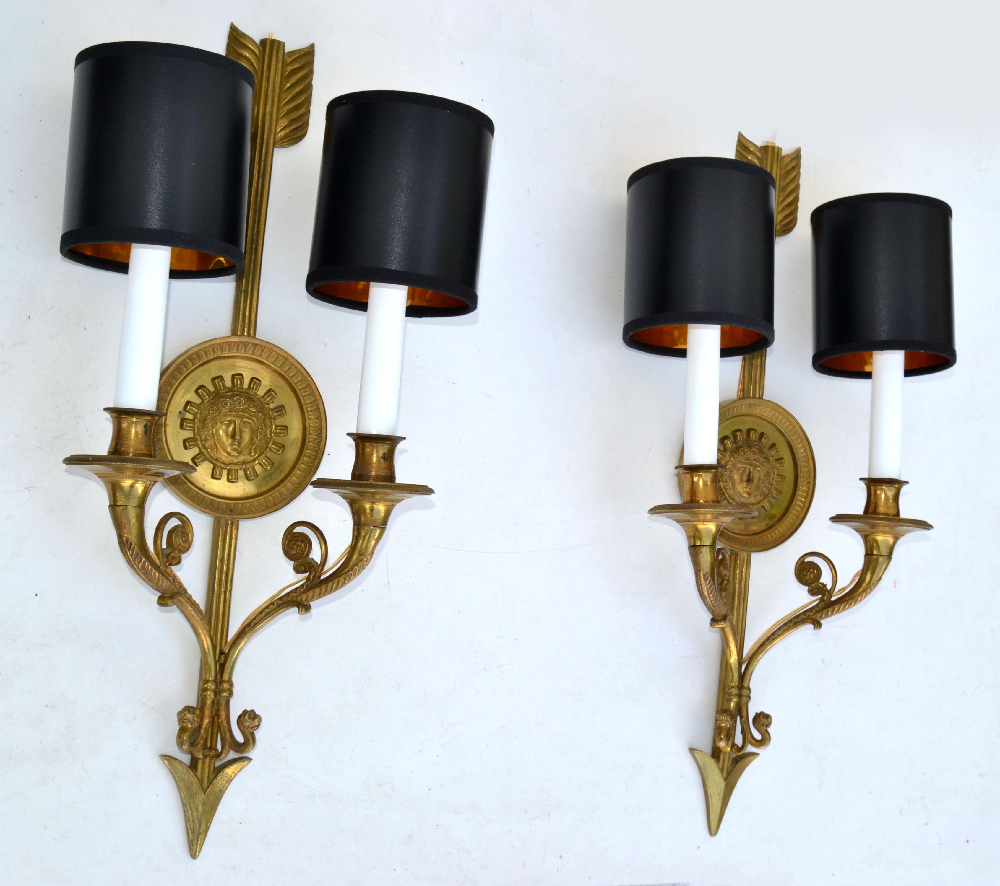 Brass Pair of Andre Arbus Bronze Arrow Sconces 2 Lights, Wall Lamp French Neoclassical For Sale