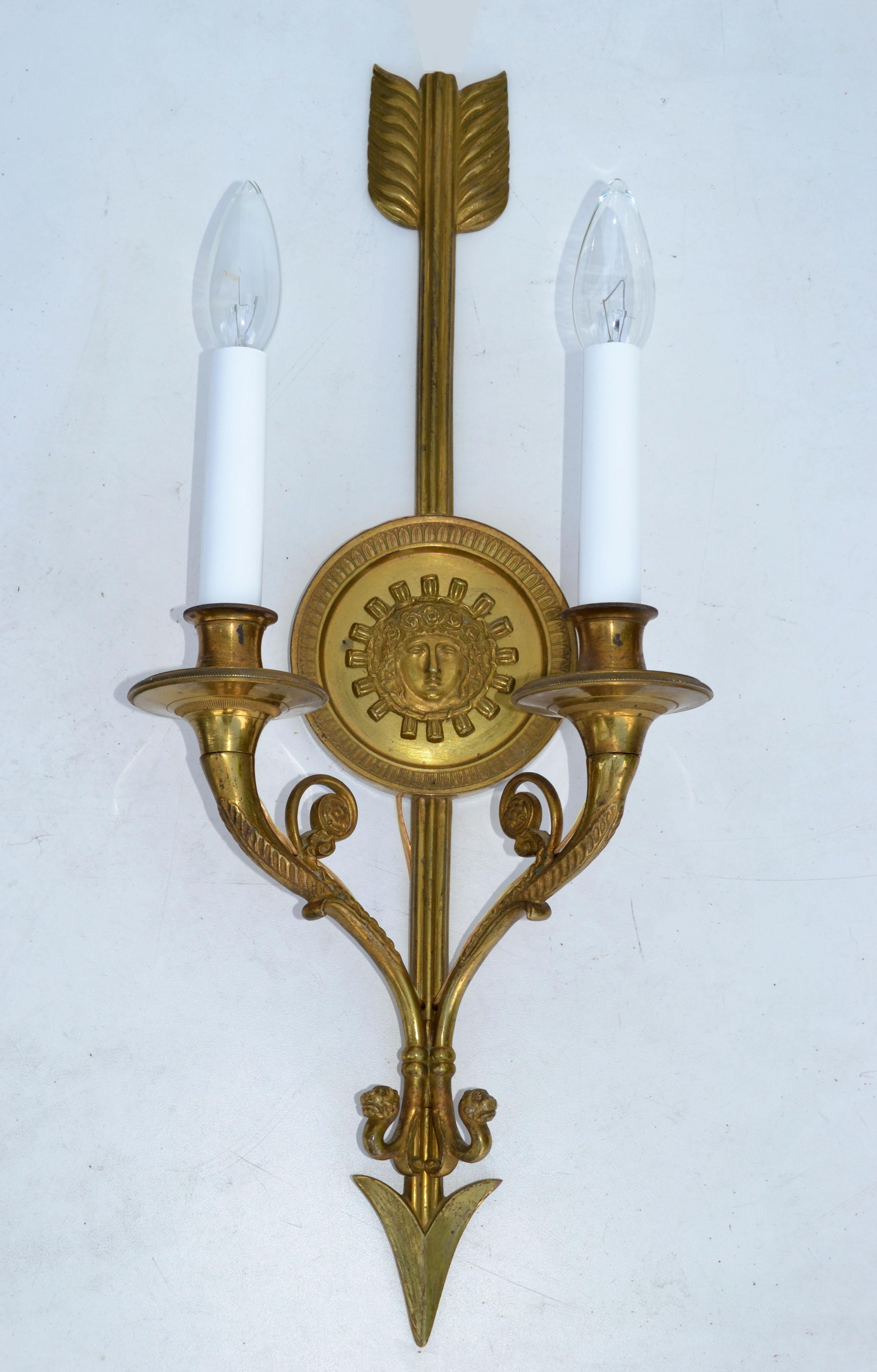 Pair of Andre Arbus Bronze Arrow Sconces 2 Lights, Wall Lamp French Neoclassical For Sale 2
