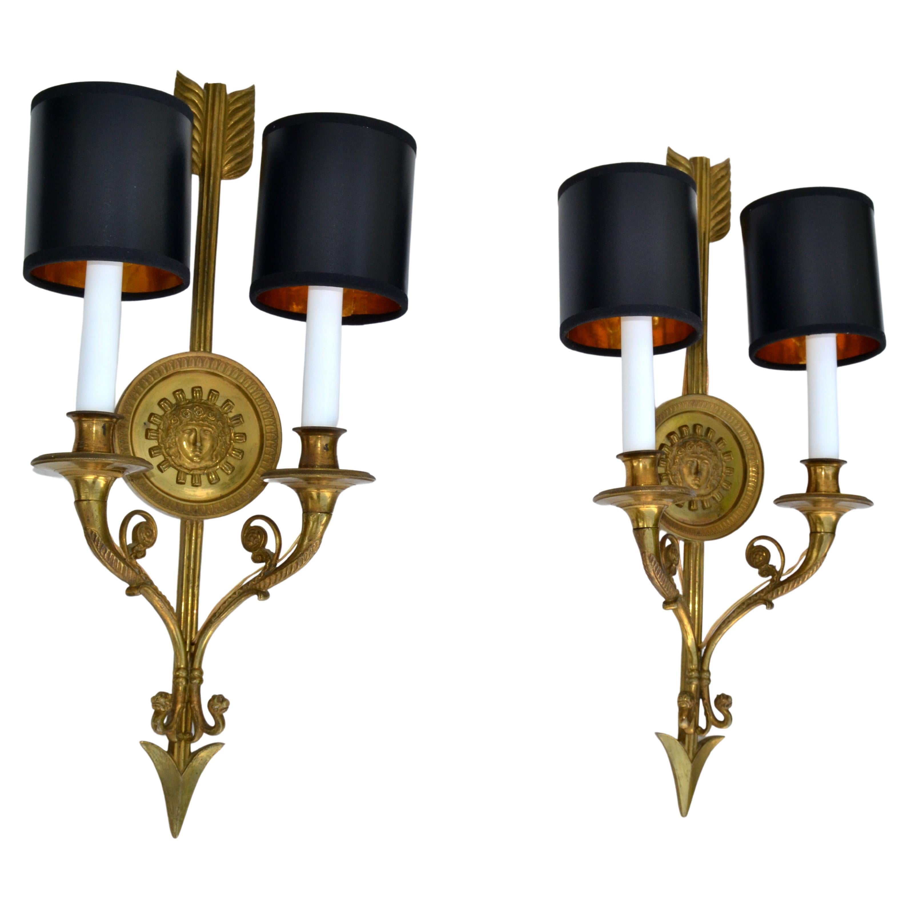 Pair of Andre Arbus Bronze Arrow Sconces 2 Lights, Wall Lamp French Neoclassical For Sale
