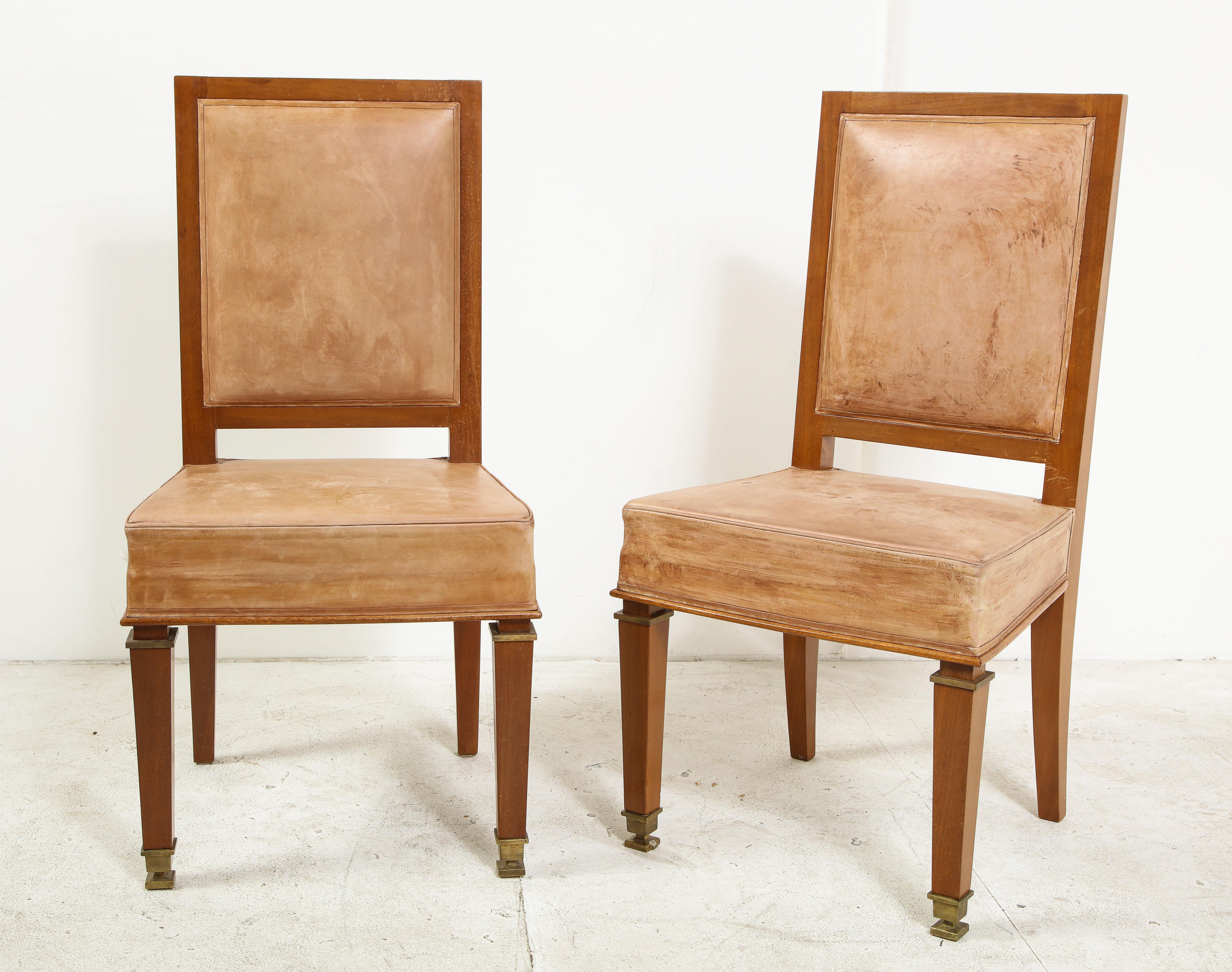 Art Deco Pair of André Arbus Cerused Oak and Leather Side Chairs