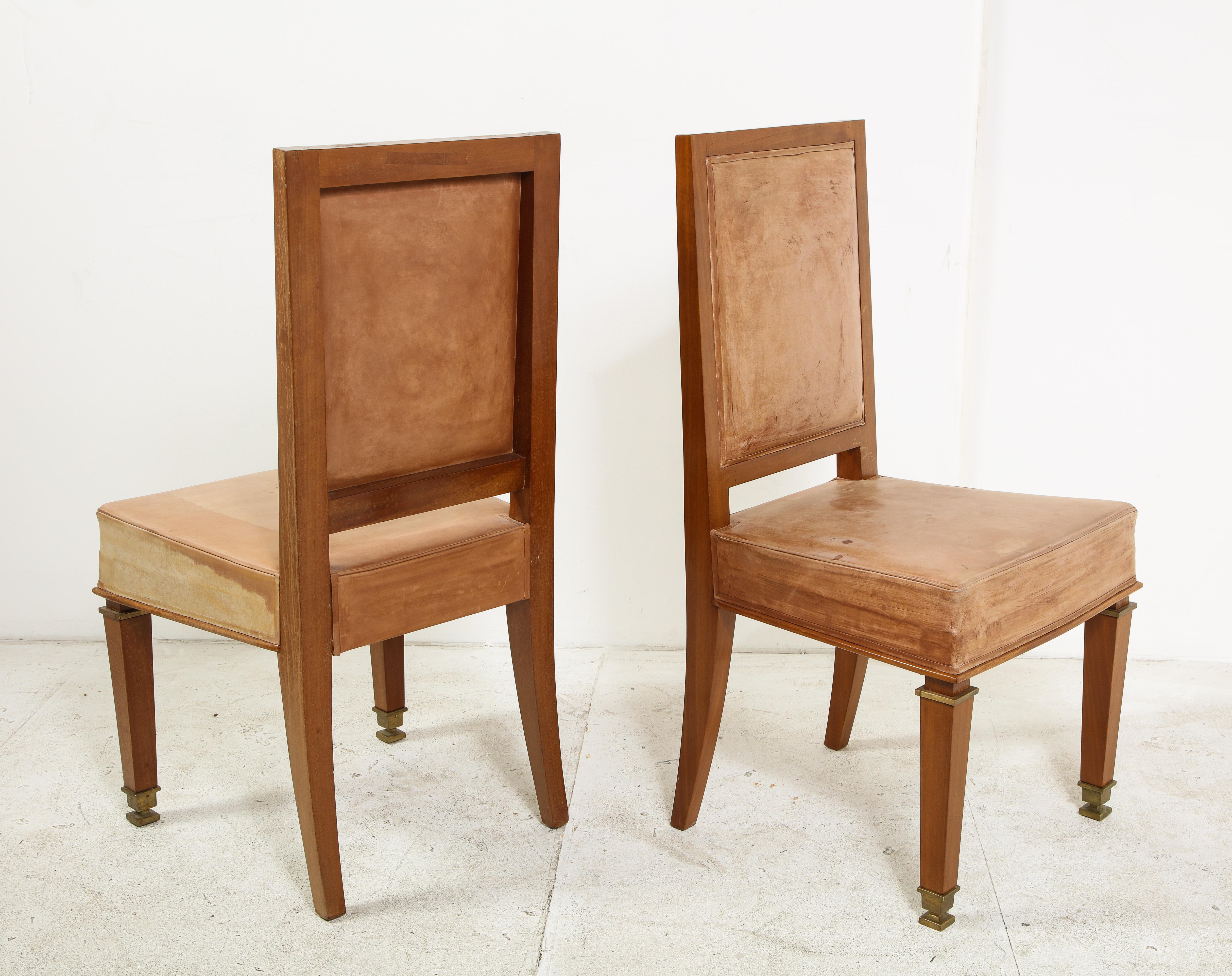 French Pair of André Arbus Cerused Oak and Leather Side Chairs