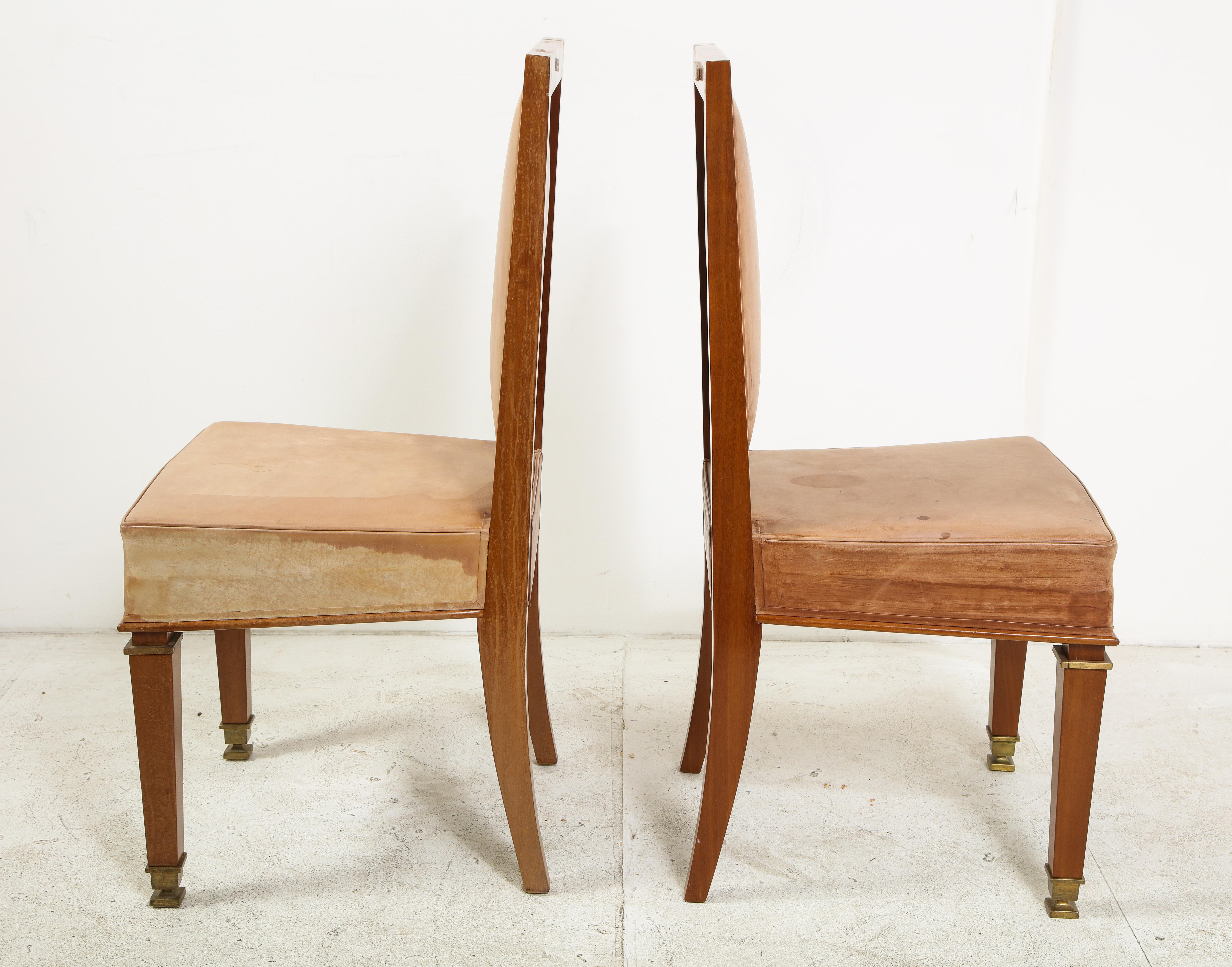 Pair of André Arbus Cerused Oak and Leather Side Chairs In Good Condition In Chicago, IL