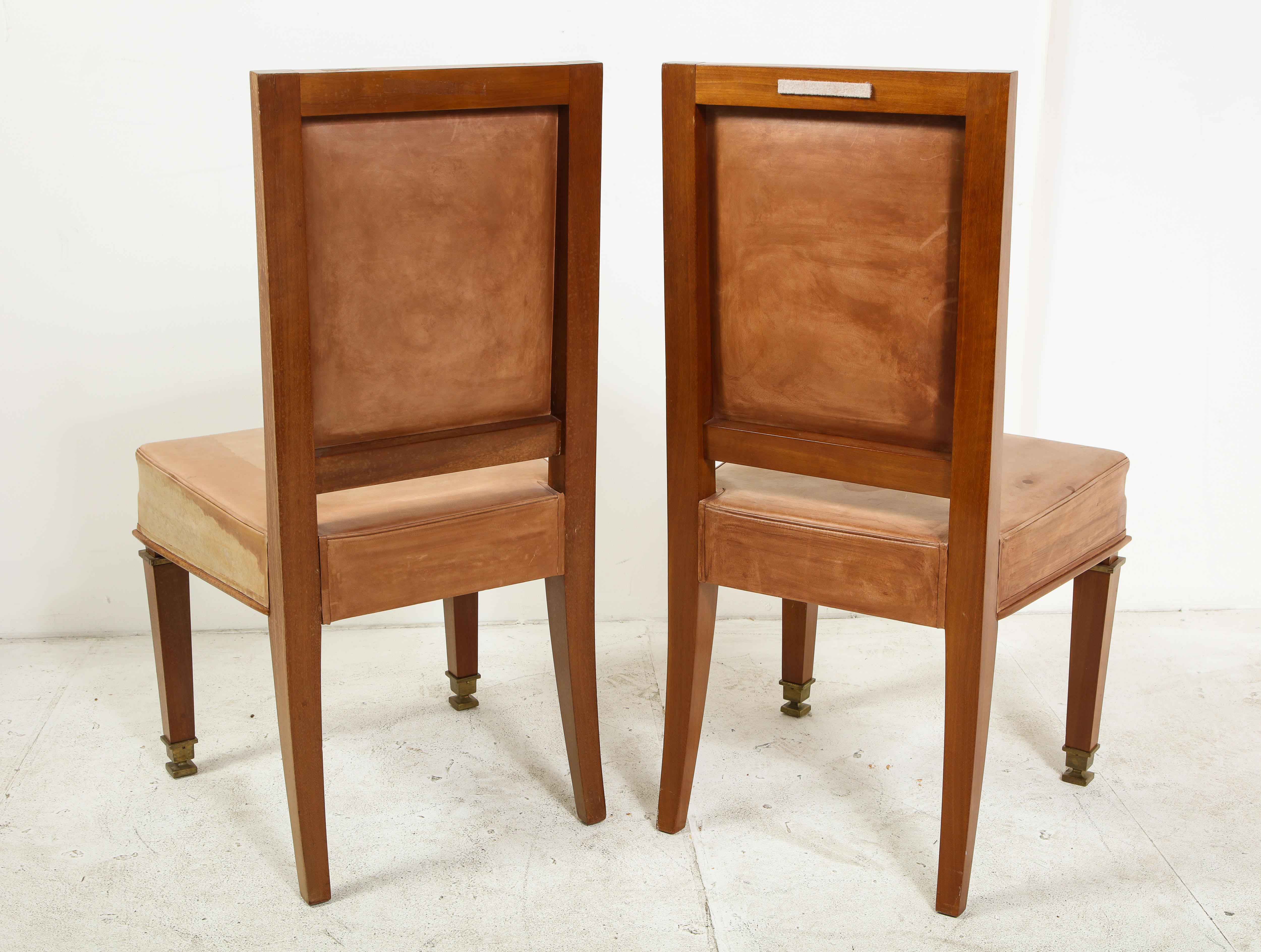 Mid-20th Century Pair of André Arbus Cerused Oak and Leather Side Chairs