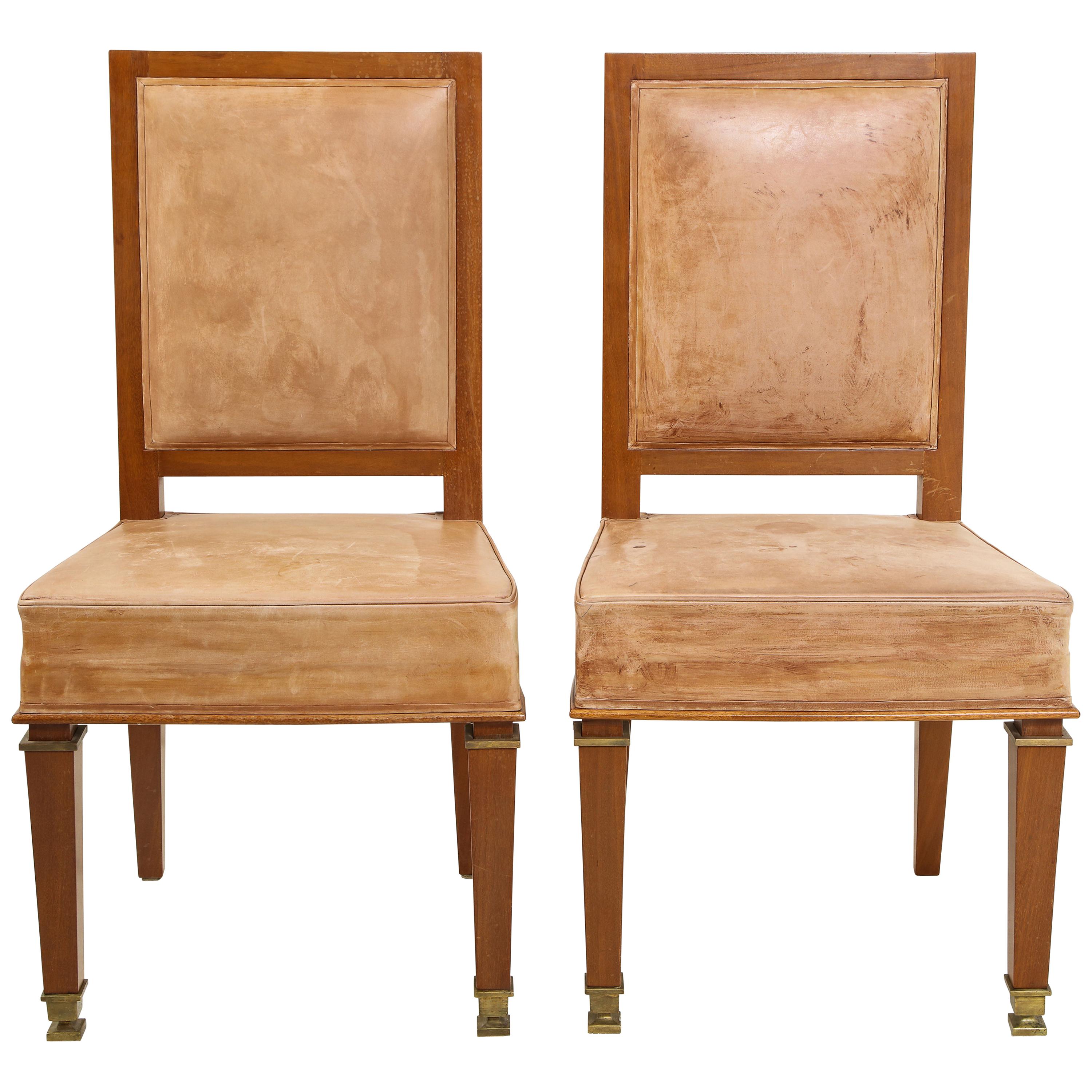 Pair of André Arbus Cerused Oak and Leather Side Chairs