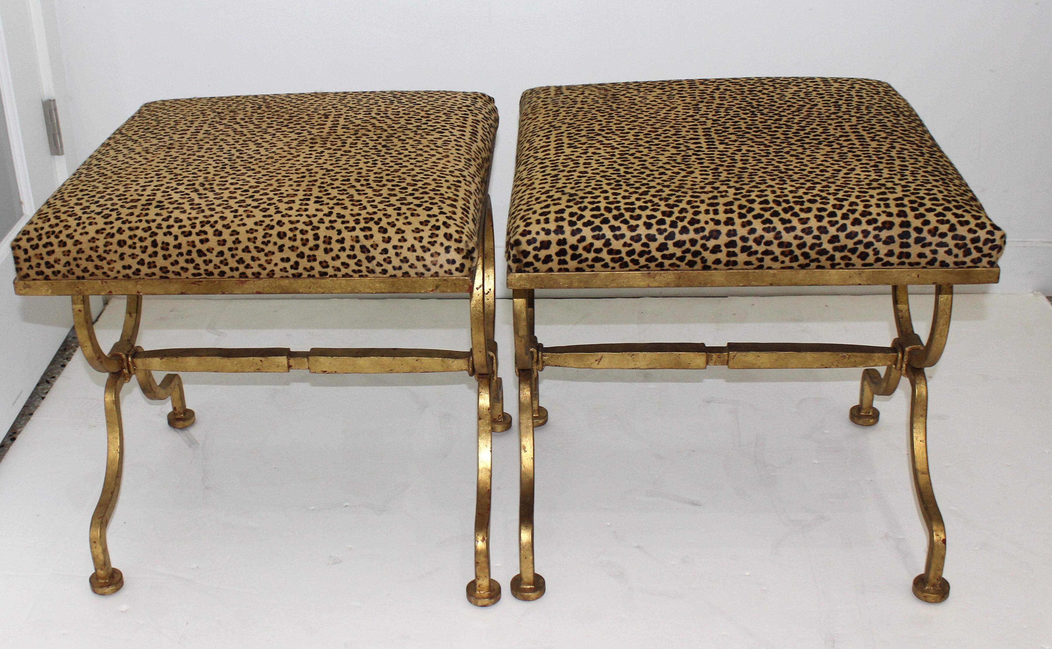 Art Deco Pair of Andre Arbus Style Gold Gilt Iron Benches