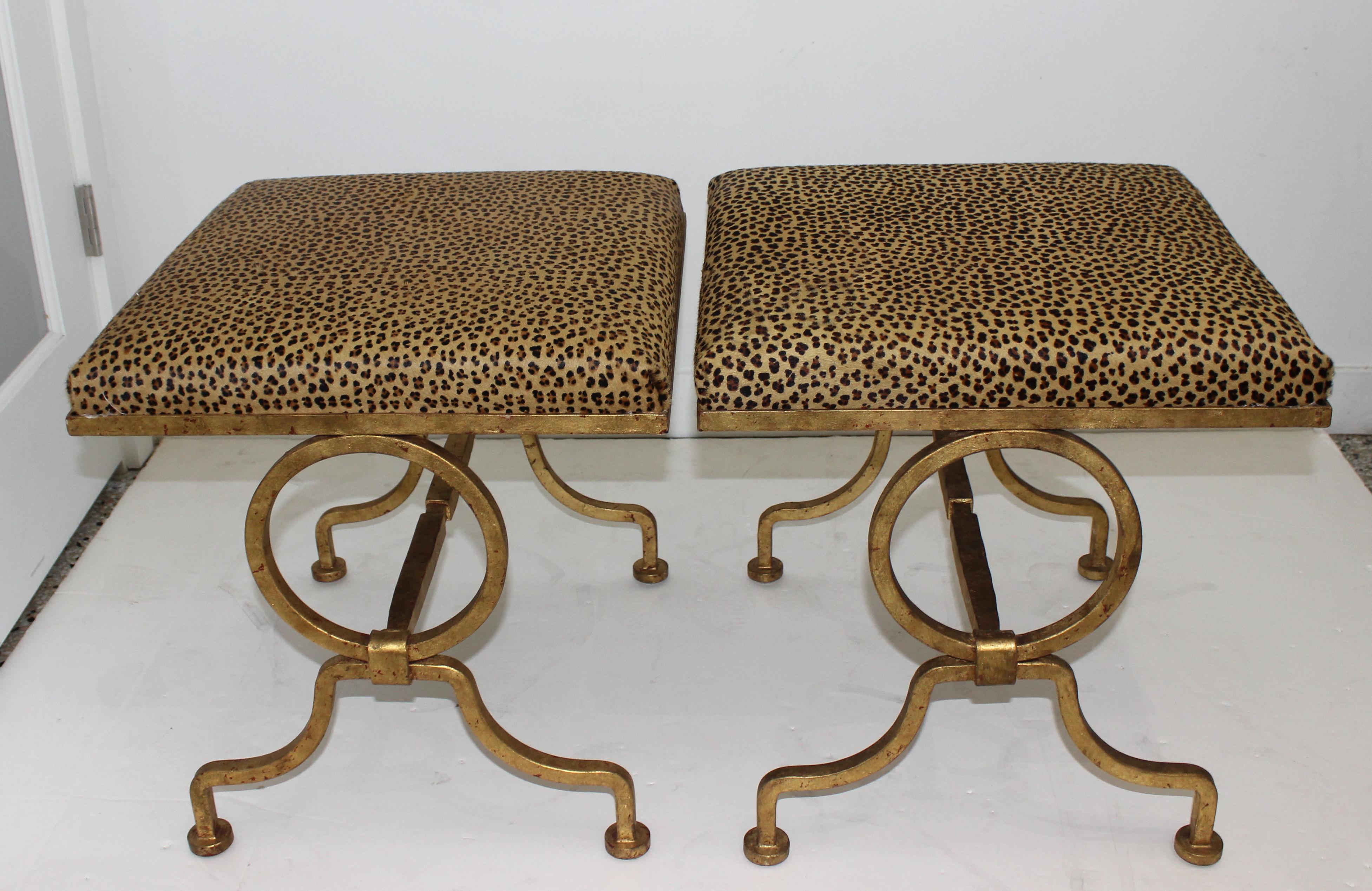 French Pair of Andre Arbus Style Gold Gilt Iron Benches