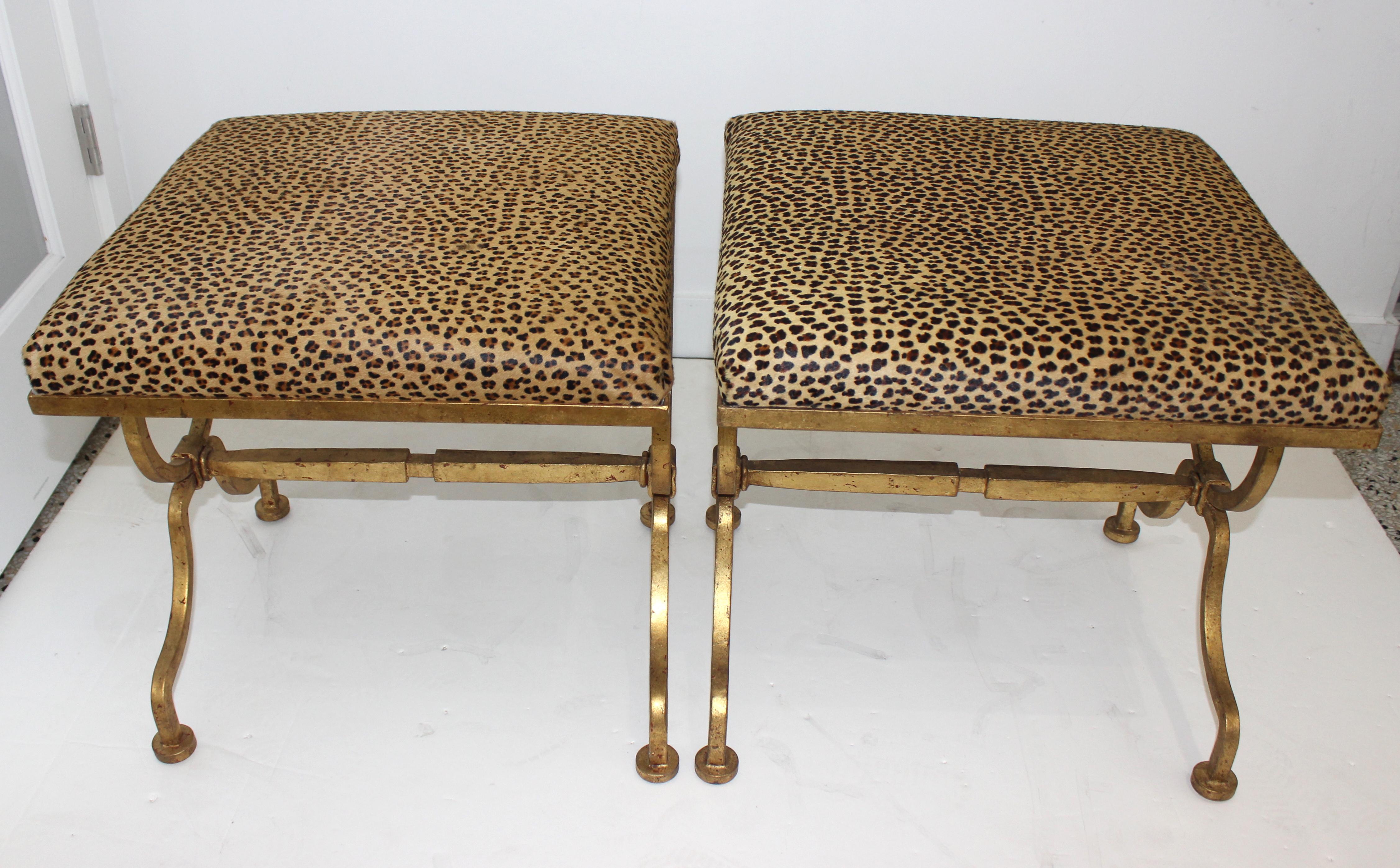 Pair of Andre Arbus Style Gold Gilt Iron Benches In Good Condition In West Palm Beach, FL