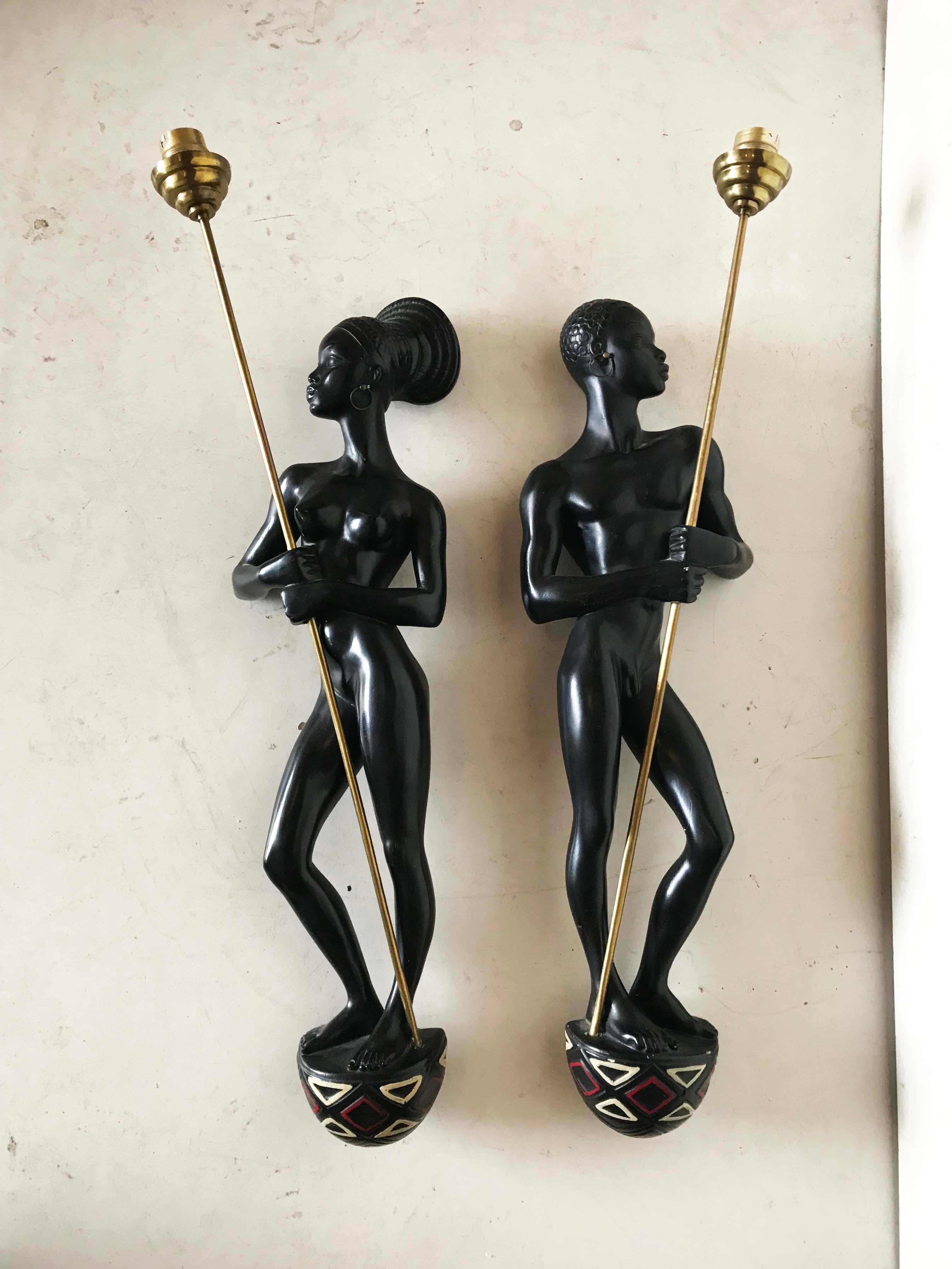 Superb pair of Art Deco ceramic sconces by Andre Carli (Léopold Anzegruber)
Original shades, perfect original condition.
1 bulb per sconce, 40 watts max bulb.
Have a look on our impressive collection of French and Italian Mid Century Period