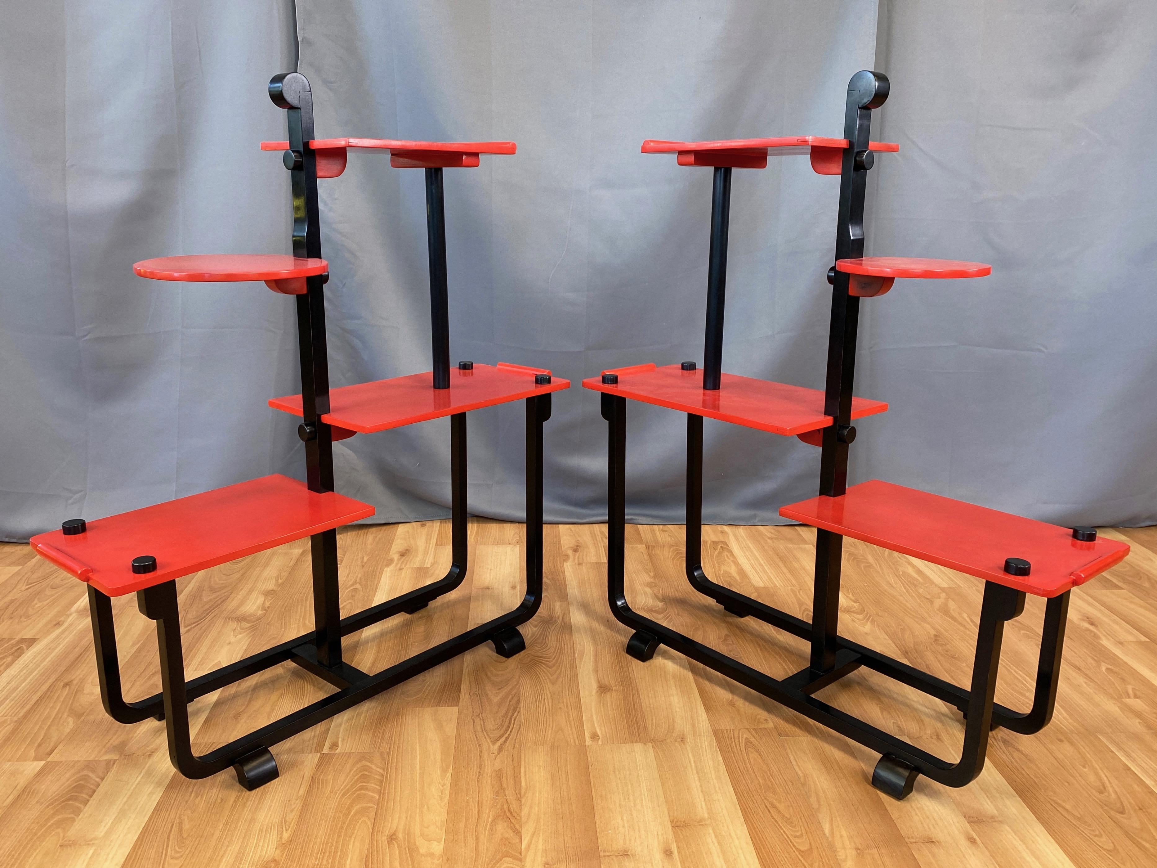 A very rare matched pair of eye-catching and exceptional 1930 red and black painted wood étagères by French decorator and furniture designer André Groult (b. 1884–1966), one of the most prominent figures of the Art Deco style.

Striking asymmetrical