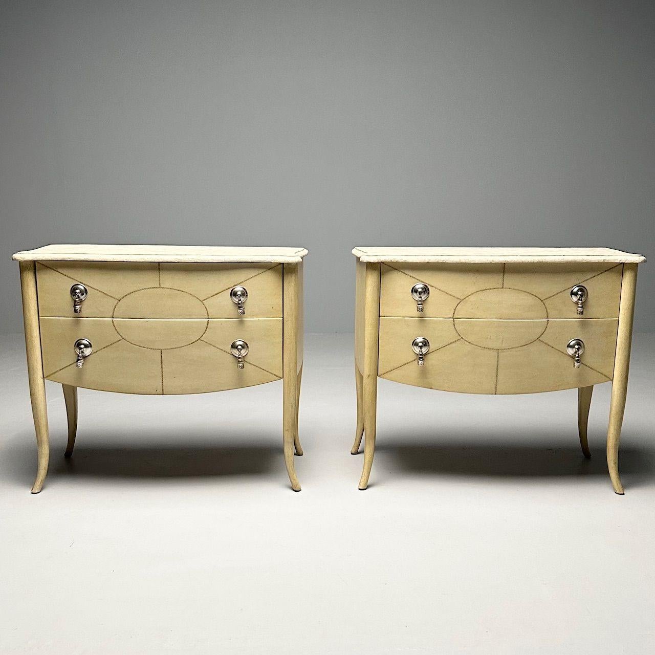 Pair of Art Deco Style Parchment Paper Nightstands / Commodes, Faux Stone Top

Pair of mid-century modern cabinets in the manner of French designer, Andre Groult having a parchment paper finish, faux stone tops, and Nickle plated drawer pulls. Can