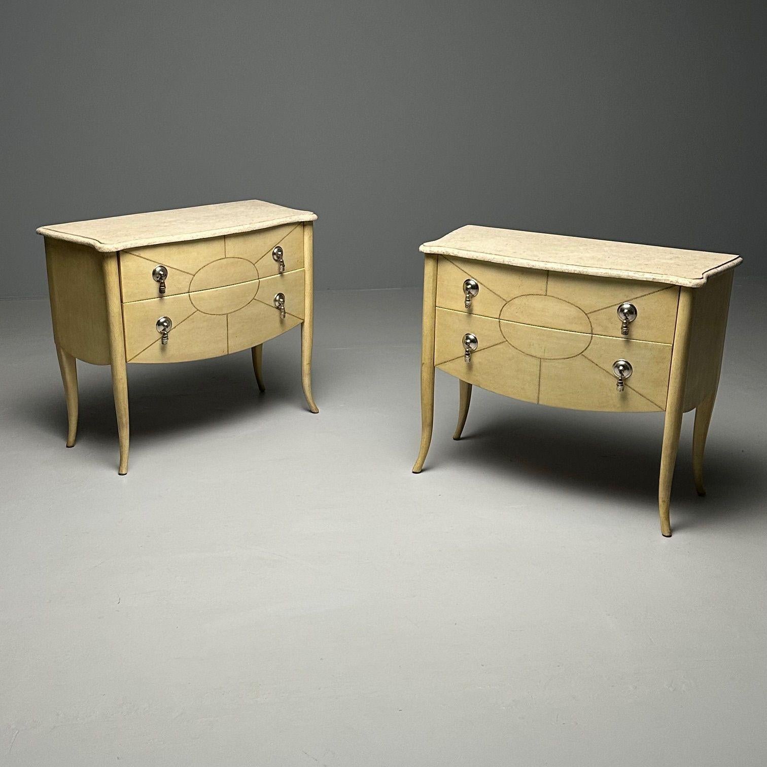 Wood Andre Groult Style, Art Deco, Commodes, Beige Parchment Paper, Nickel, 1990s For Sale