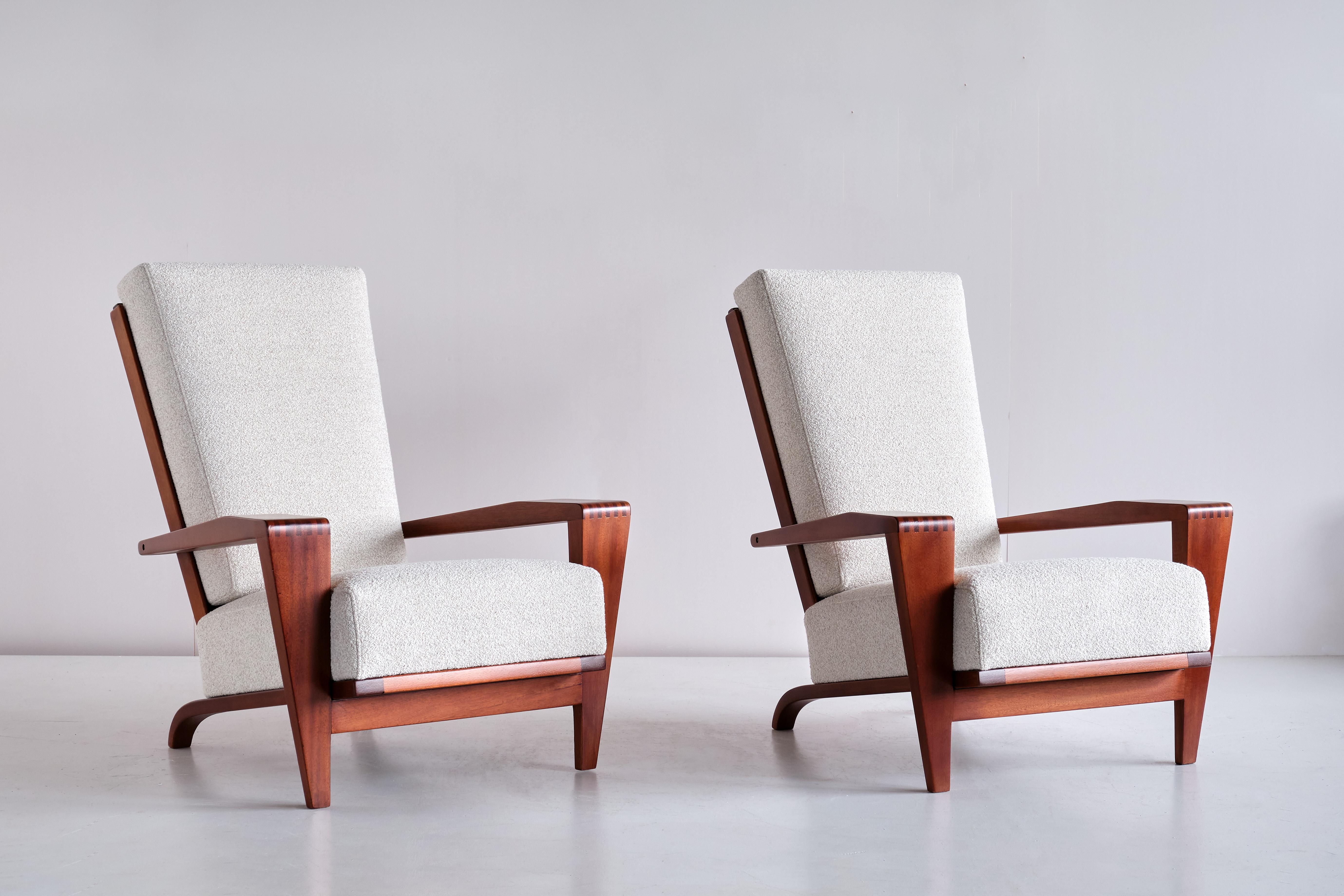 Modern Pair of André Sornay Armchairs in Sapele Mahogany and Bouclé, France, 1950s For Sale
