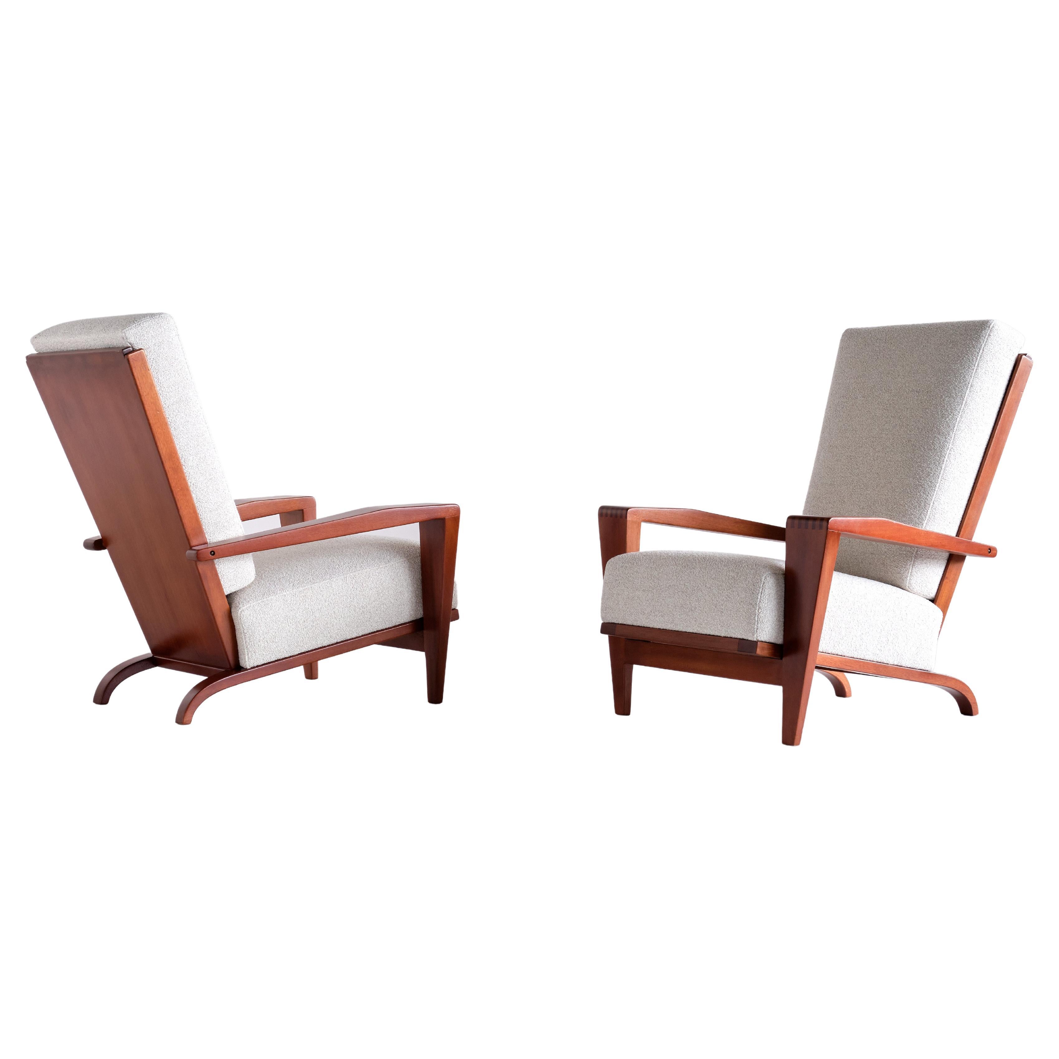 French Pair of André Sornay Armchairs in Sapele Mahogany and Bouclé, France, 1950s For Sale