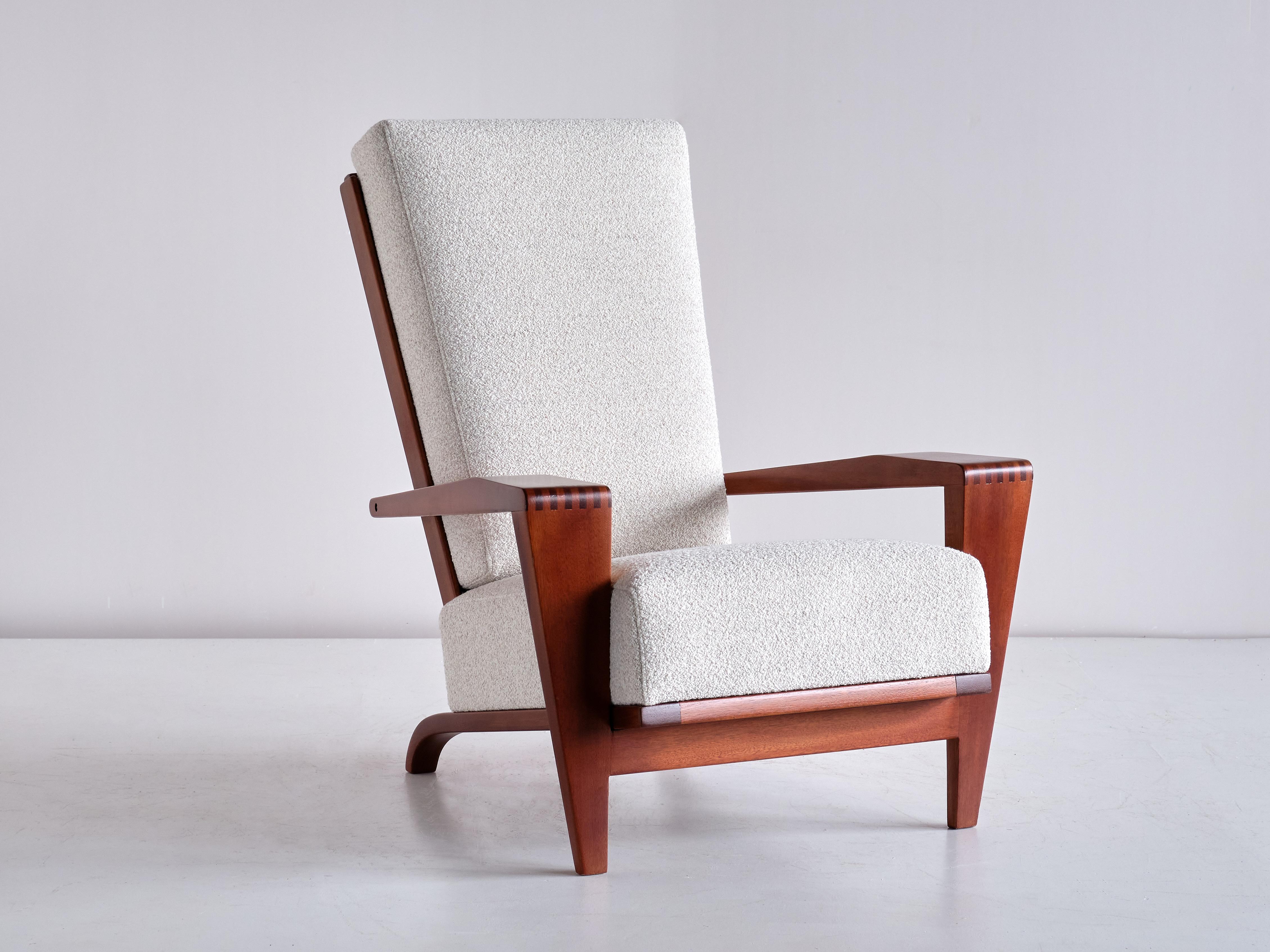 Fabric Pair of André Sornay Armchairs in Sapele Mahogany and Bouclé, France, 1950s For Sale