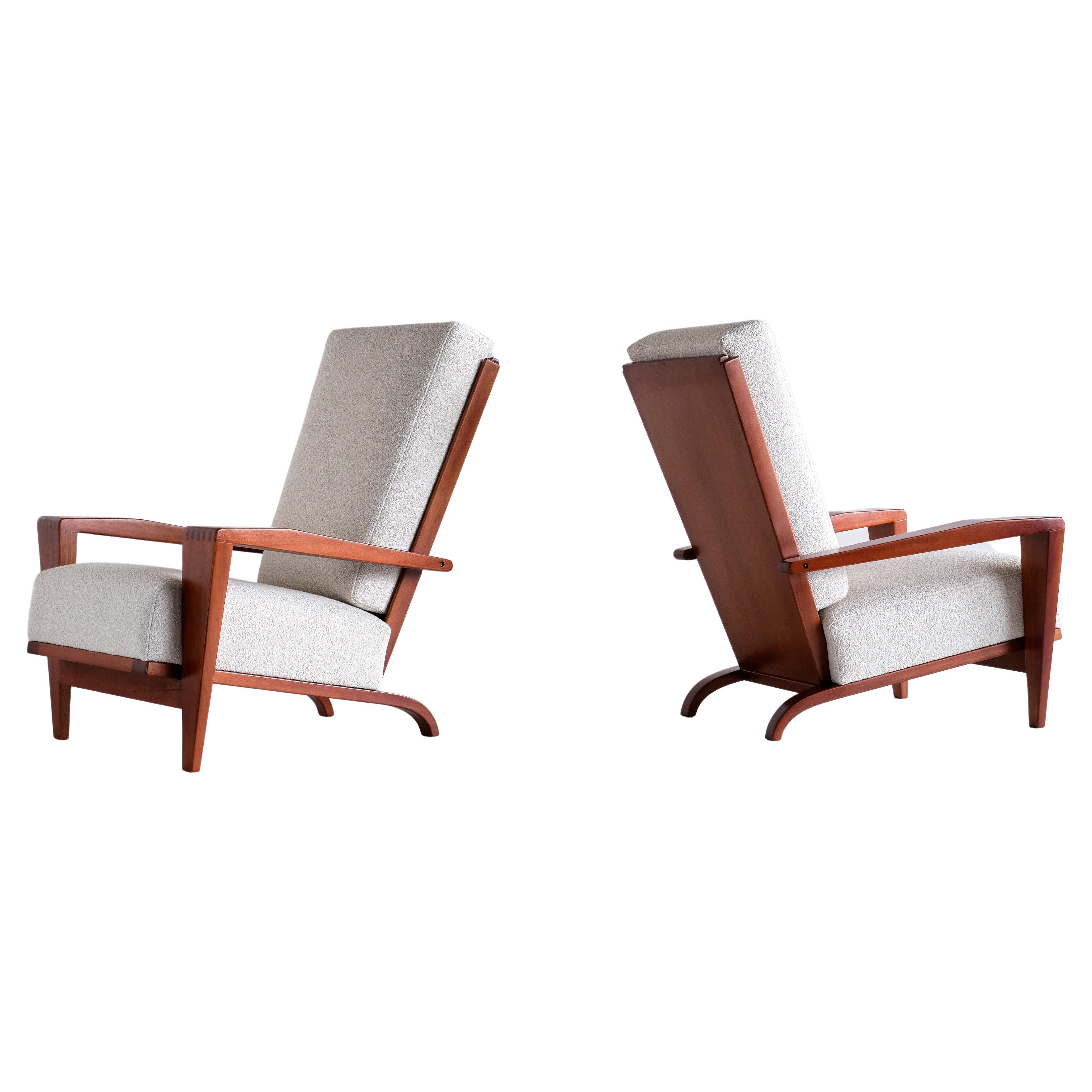 Pair of André Sornay Armchairs in Sapele Mahogany and Bouclé, France, 1950s
