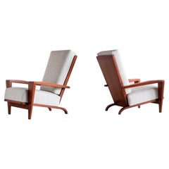 Vintage Pair of André Sornay Armchairs in Sapele Mahogany and Bouclé, France, 1950s