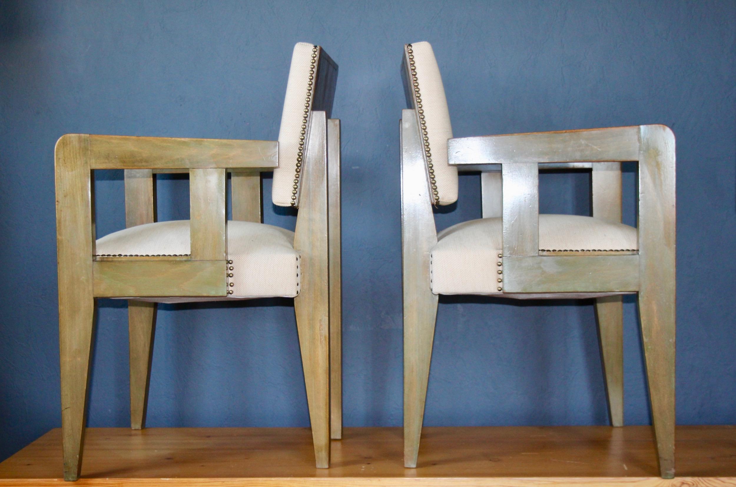 Pair of Andre Sornay bridge chairs stained Oregon pine, ebonised wood 5