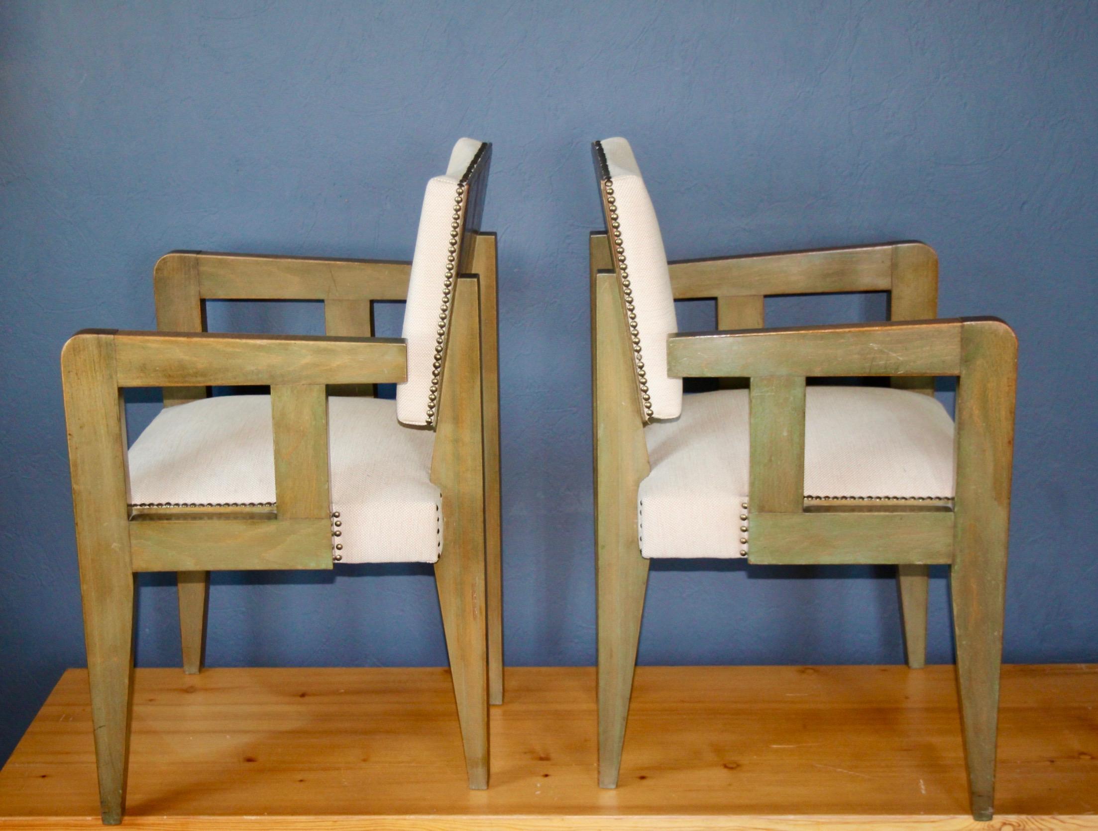 French Pair of Andre Sornay bridge chairs stained Oregon pine, ebonised wood