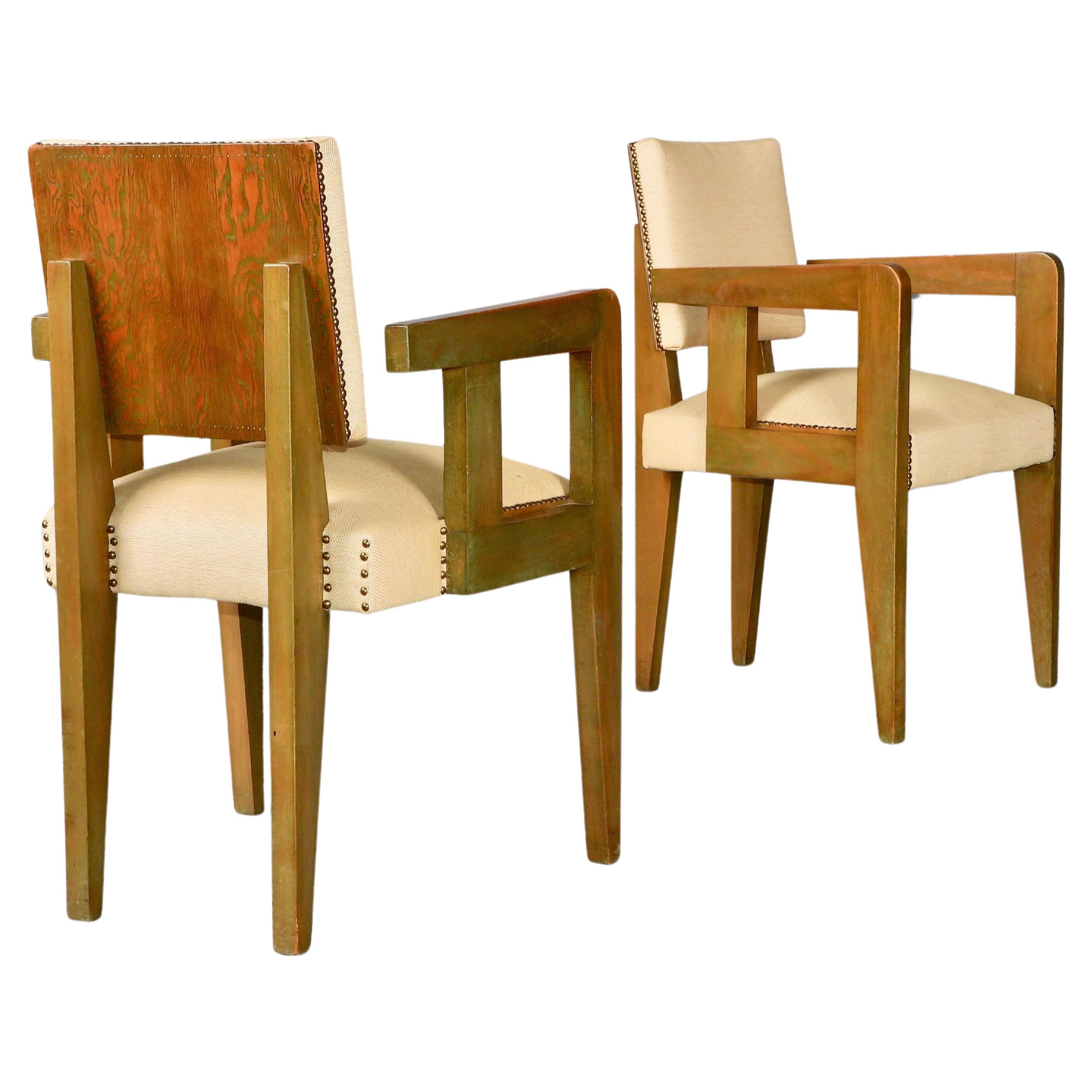 Pair of Andre Sornay bridge chairs stained Oregon pine, ebonised wood