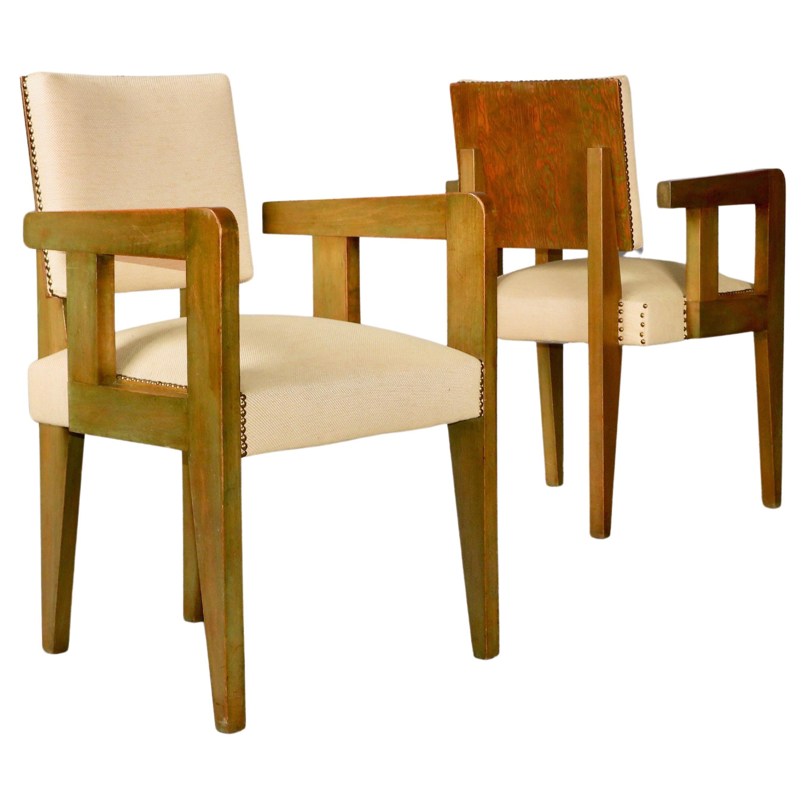 Pair of Andre Sornay bridge chairs stained Oregon pine, ebonised wood For Sale