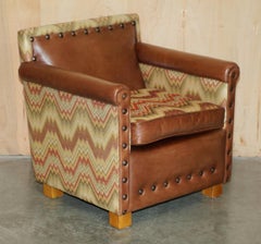 PAIR OF ANDREW MARTIN MARLBOROUGH BROWN LEATHER REVERSIBLE KILIM ARMCHAIRs