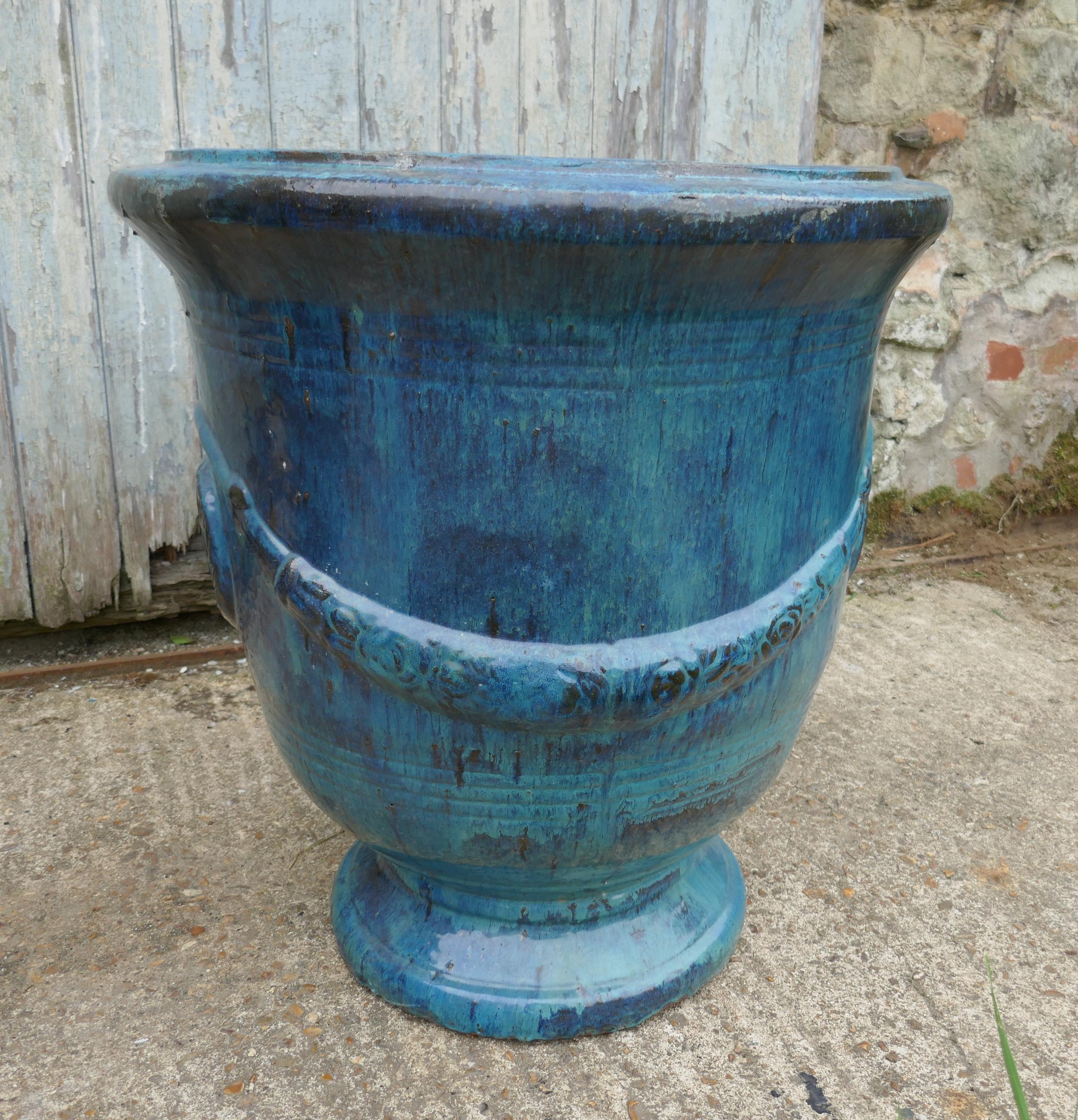 Empire Revival Pair of Anduze Terracotta Turquoise Blue Garden Urns