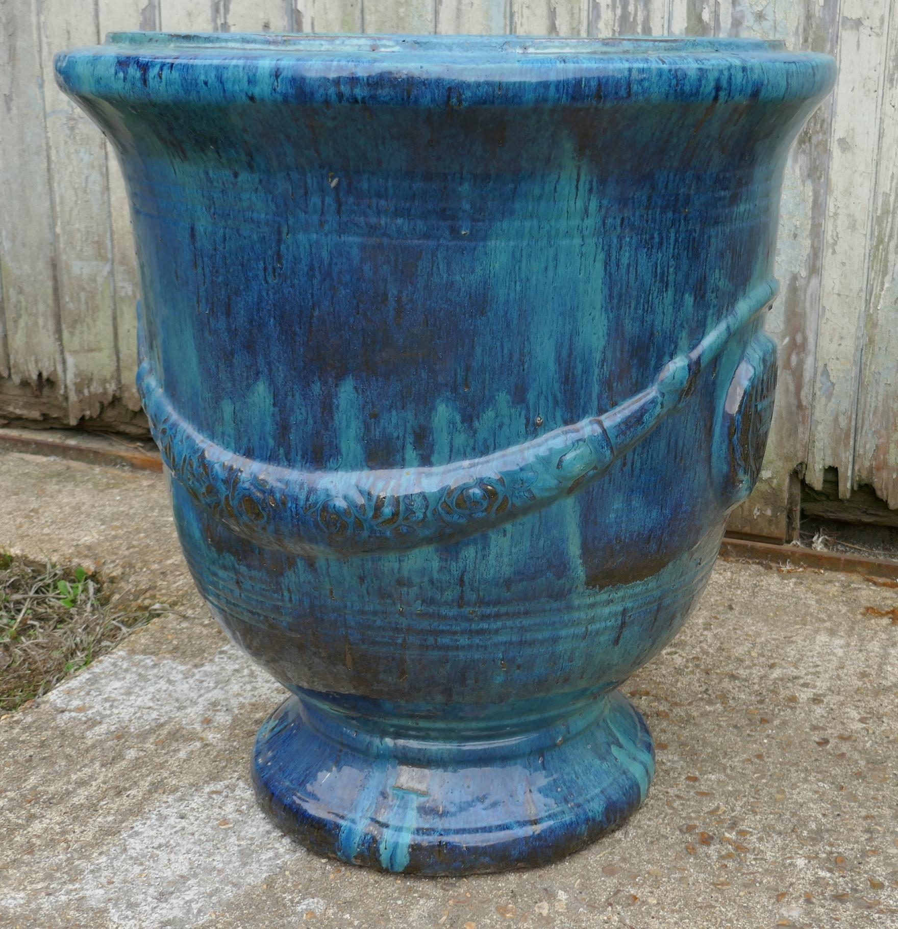 Pair of Anduze Terracotta Turquoise Blue Garden Urns In Good Condition In Godshill, Isle of Wight