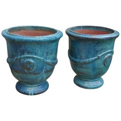 Pair of Anduze Terracotta Turquoise Blue Garden Urns