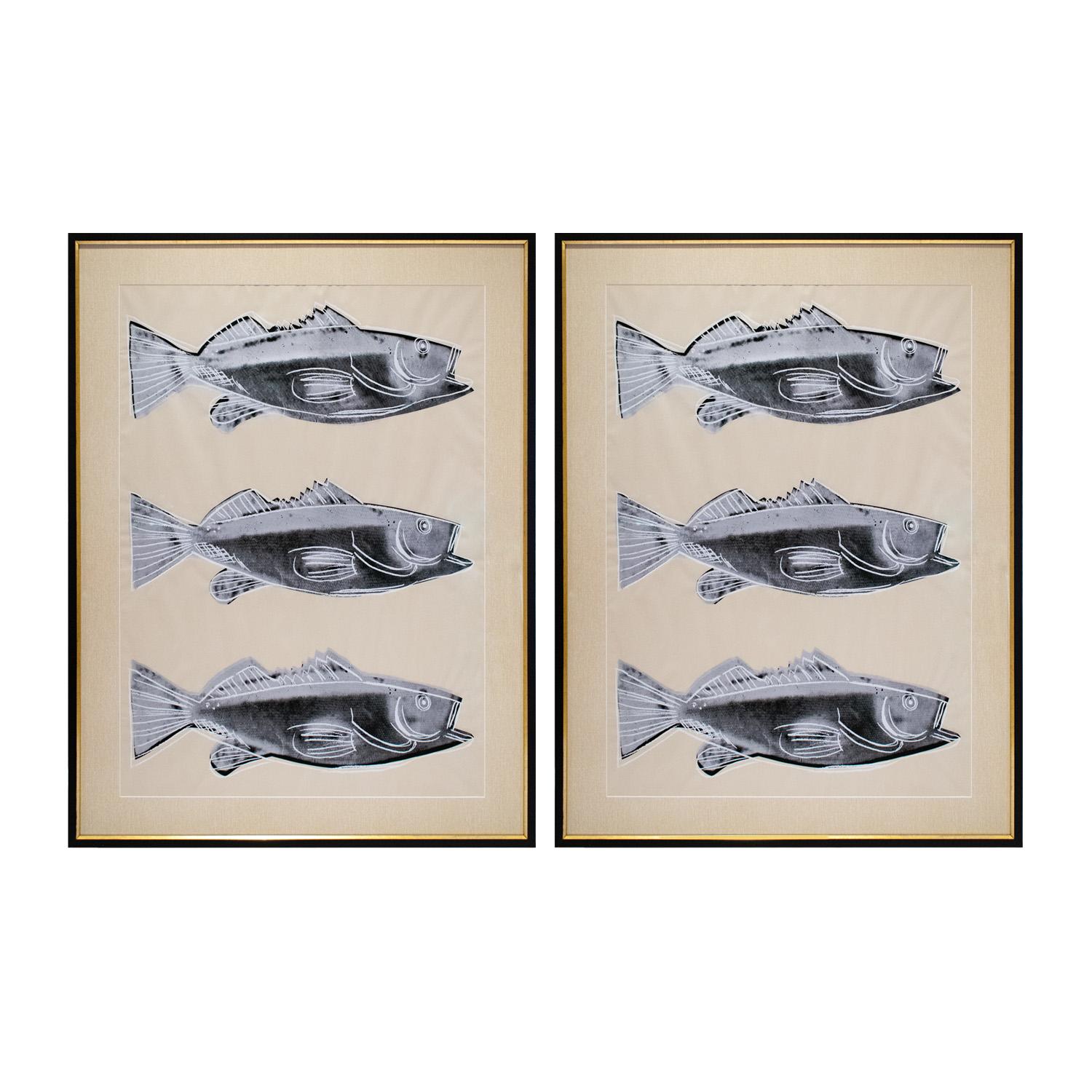Pair of framed Fish (F. & S. IIIA.39) screen prints in color, on wallpaper, with full margins by Andy Warhol, American 1983.  These have been custom framed by Lobel Modern as a matched pair.  There is a window on the back which shows all stamps and