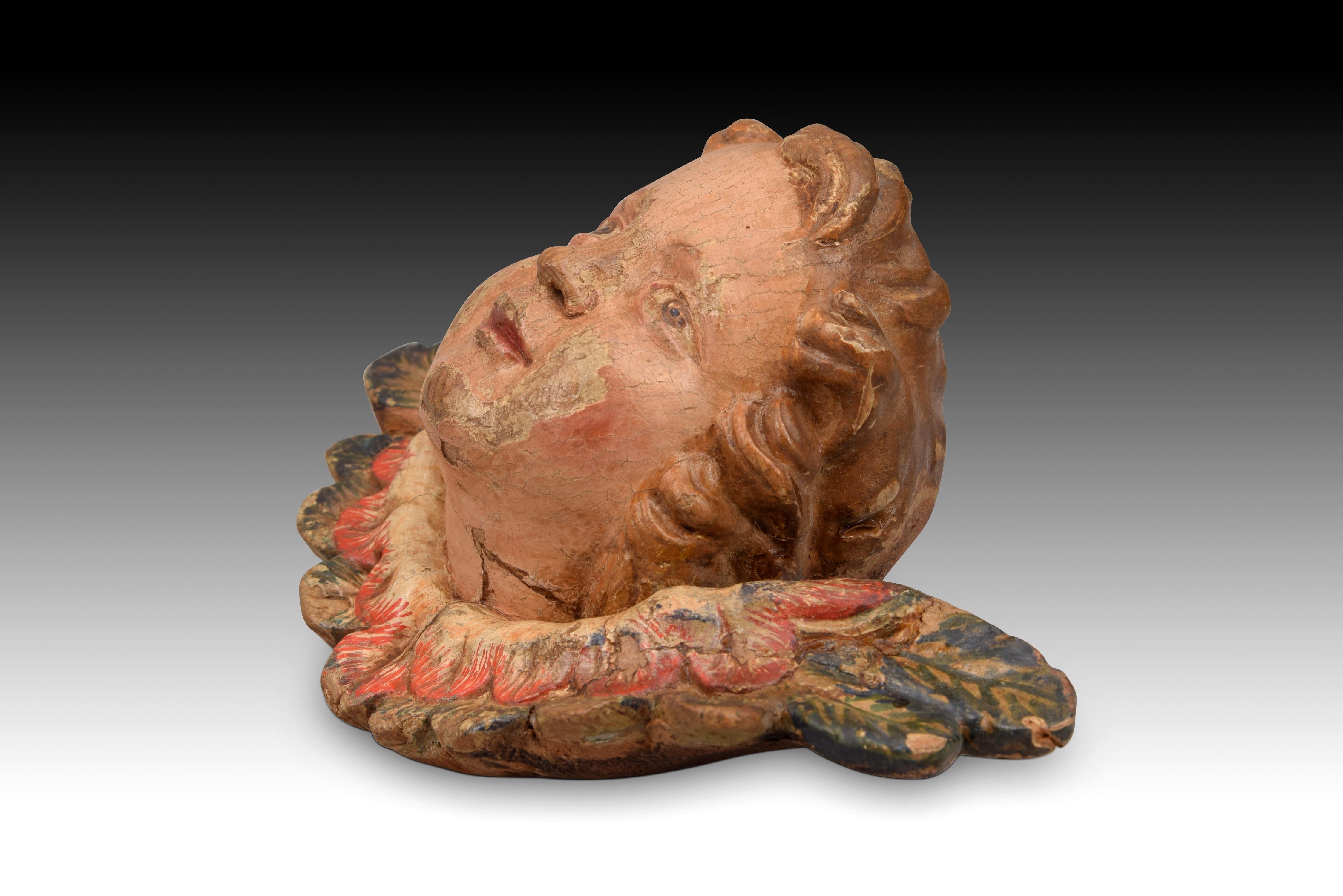 Other Pair of Angel Heads, Carved and Polychrome Wood, Spanish School, 18th Century