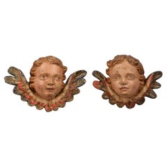 Pair of Angel Heads, Carved and Polychrome Wood, Spanish School, 18th Century