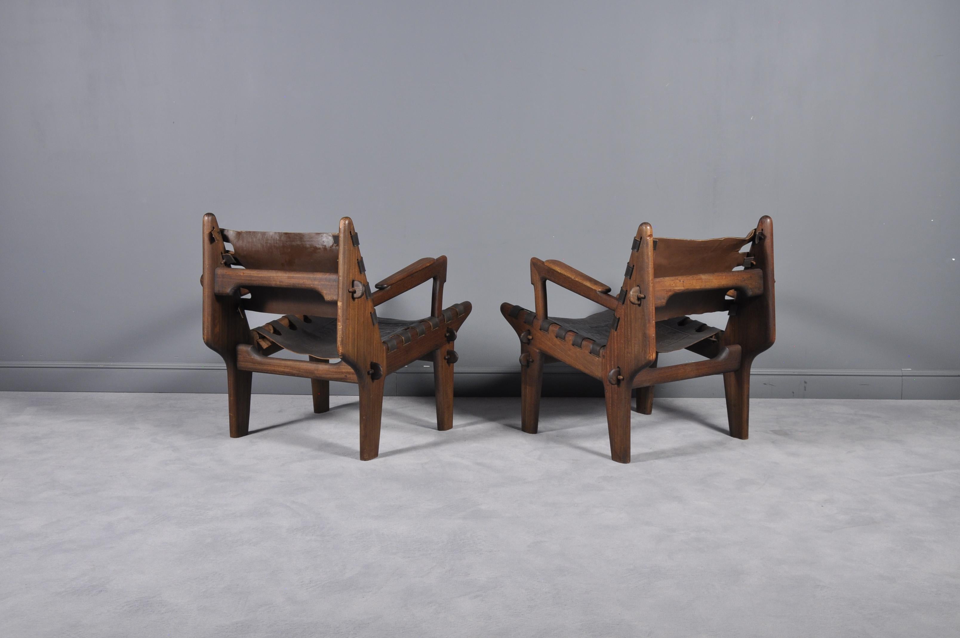 Mid-Century Modern Pair of Angel I. Pazmino Teak and Leather Armchairs for Muebles de Estilo, 1960s