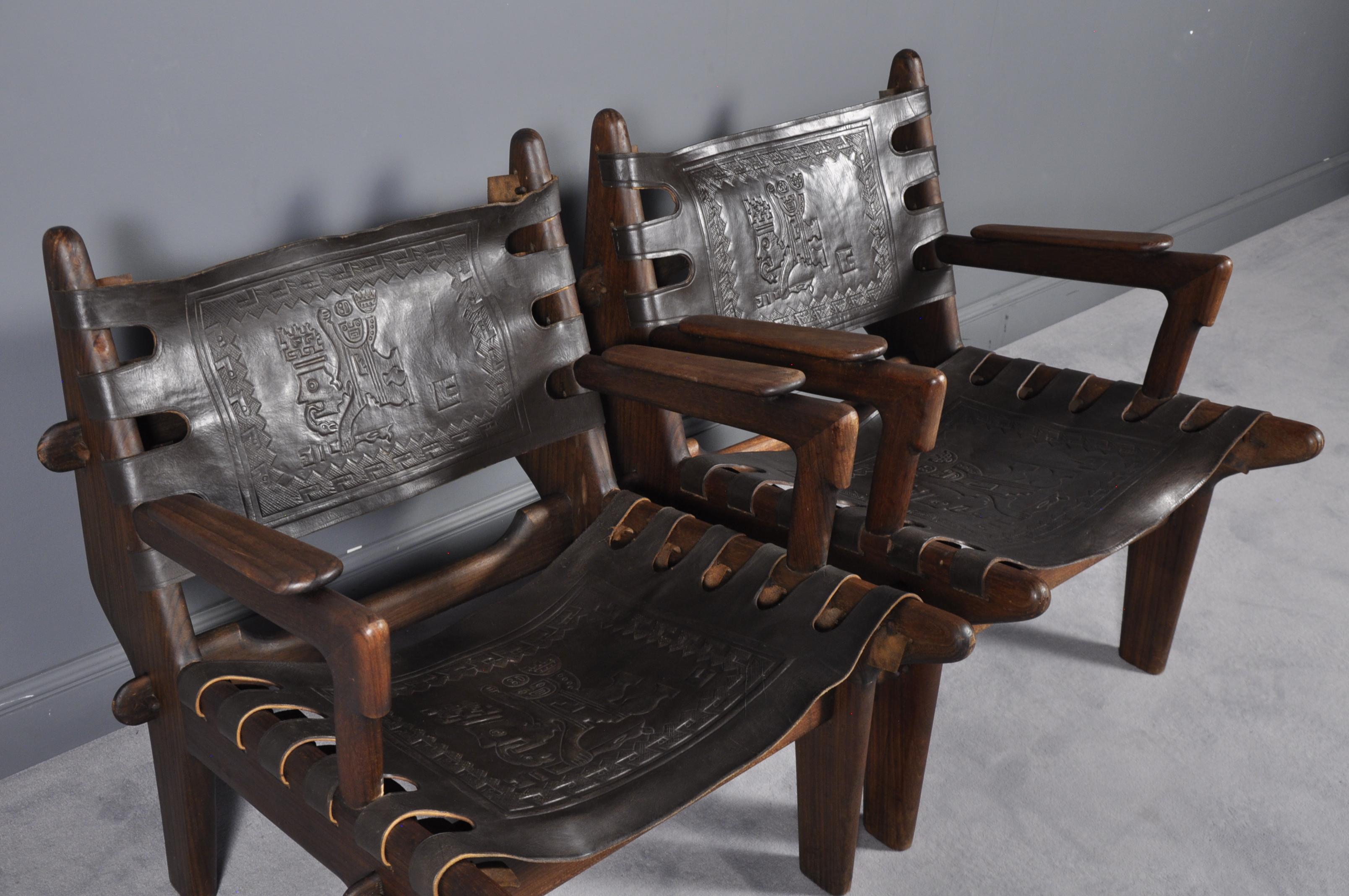 Hand-Crafted Pair of Angel I. Pazmino Teak and Leather Armchairs for Muebles de Estilo, 1960s