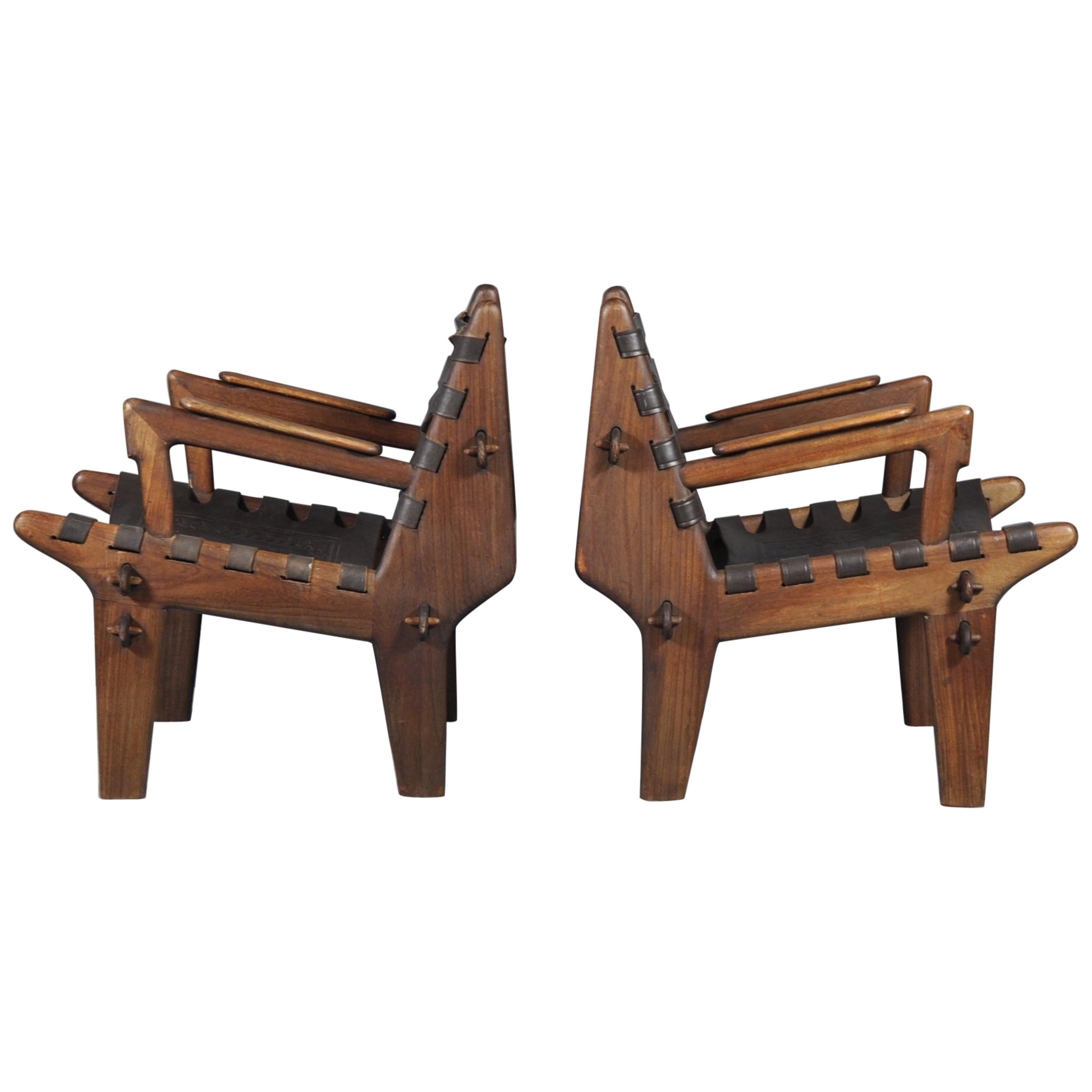Pair of Angel I. Pazmino Teak and Leather Armchairs for Muebles de Estilo, 1960s