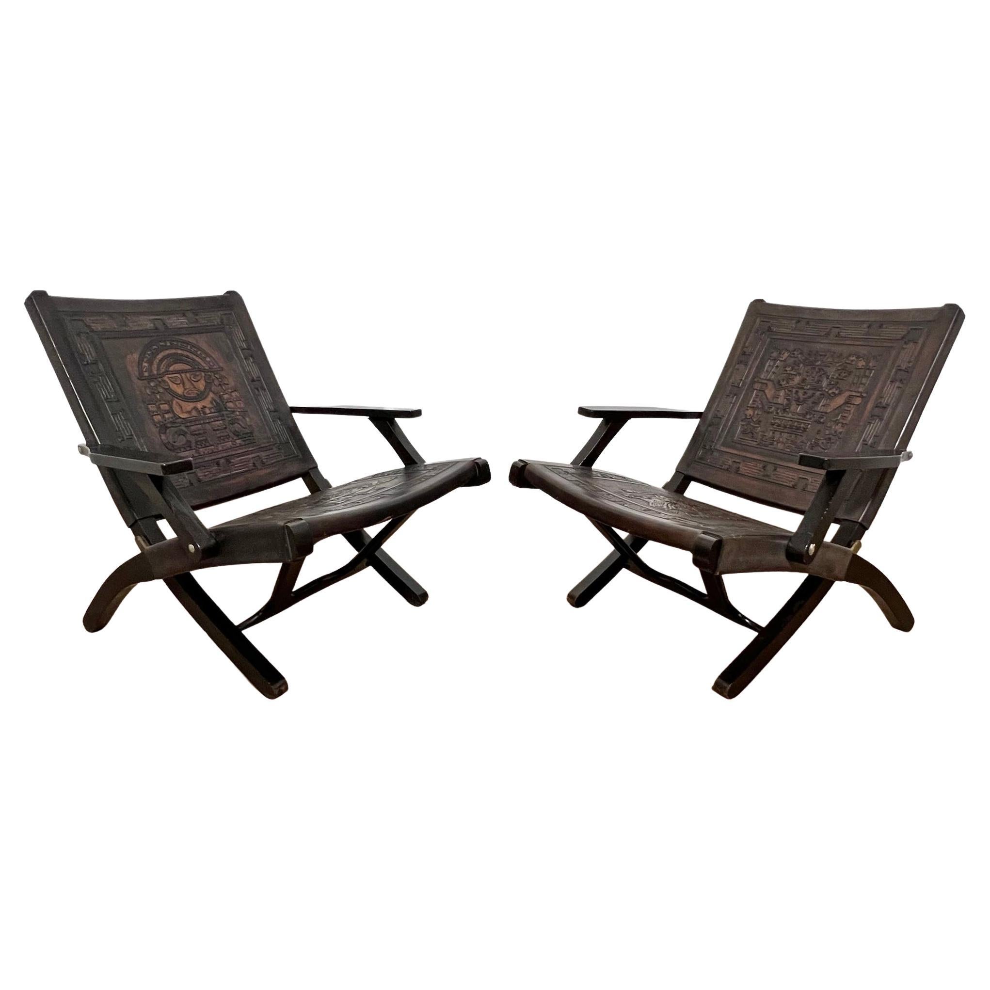 Pair of Angel Pazmino Leather Folding Safari Lounge Arm Chairs Circa 1960s