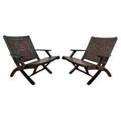Pair of Angel Pazmino Leather Folding Safari Lounge Arm Chairs Circa 1960s