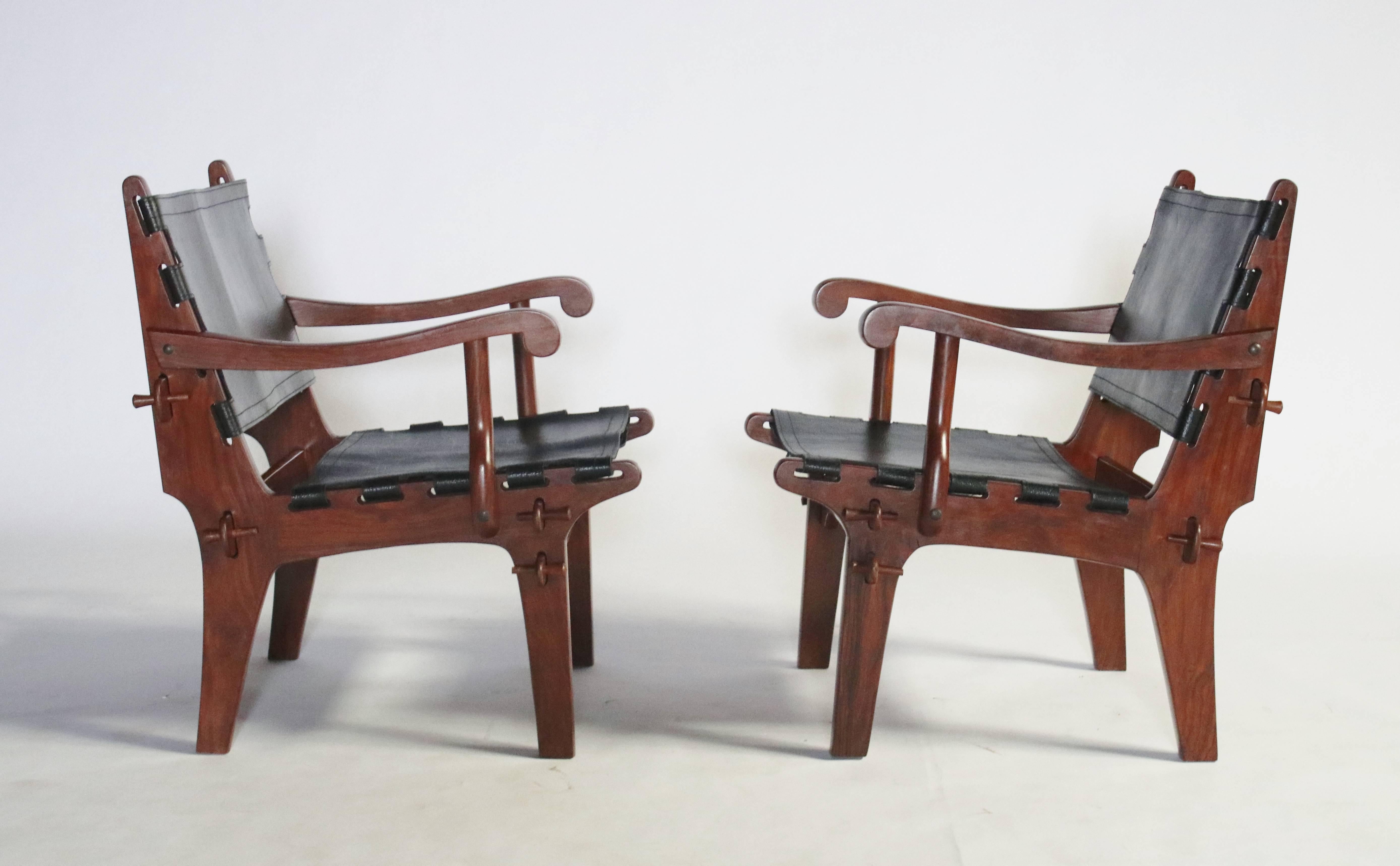 Mid-Century Modern Pair of Angel Pazmino Rosewood and Leather Sling Armchairs