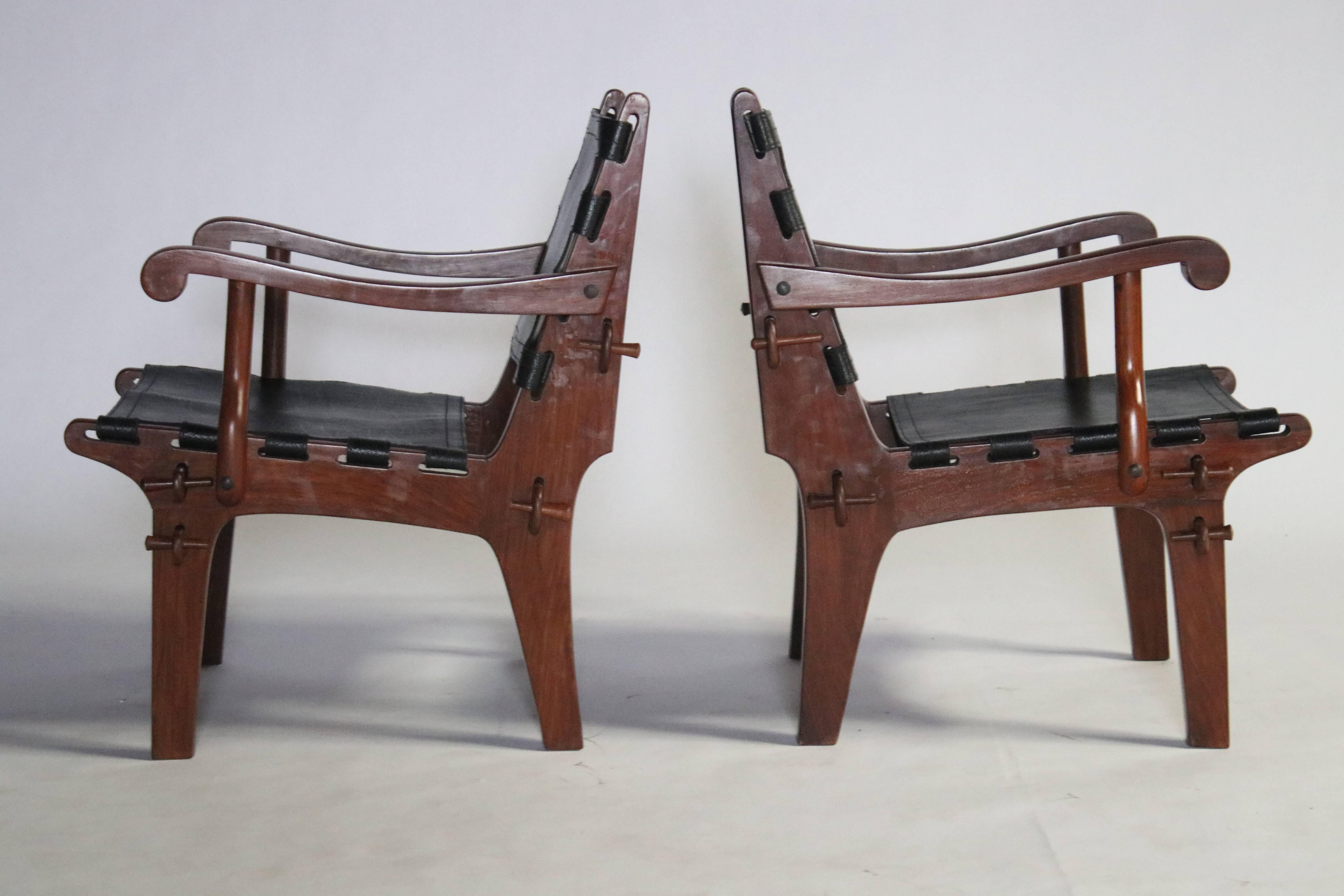 Ecuadorean Pair of Angel Pazmino Rosewood and Leather Sling Armchairs