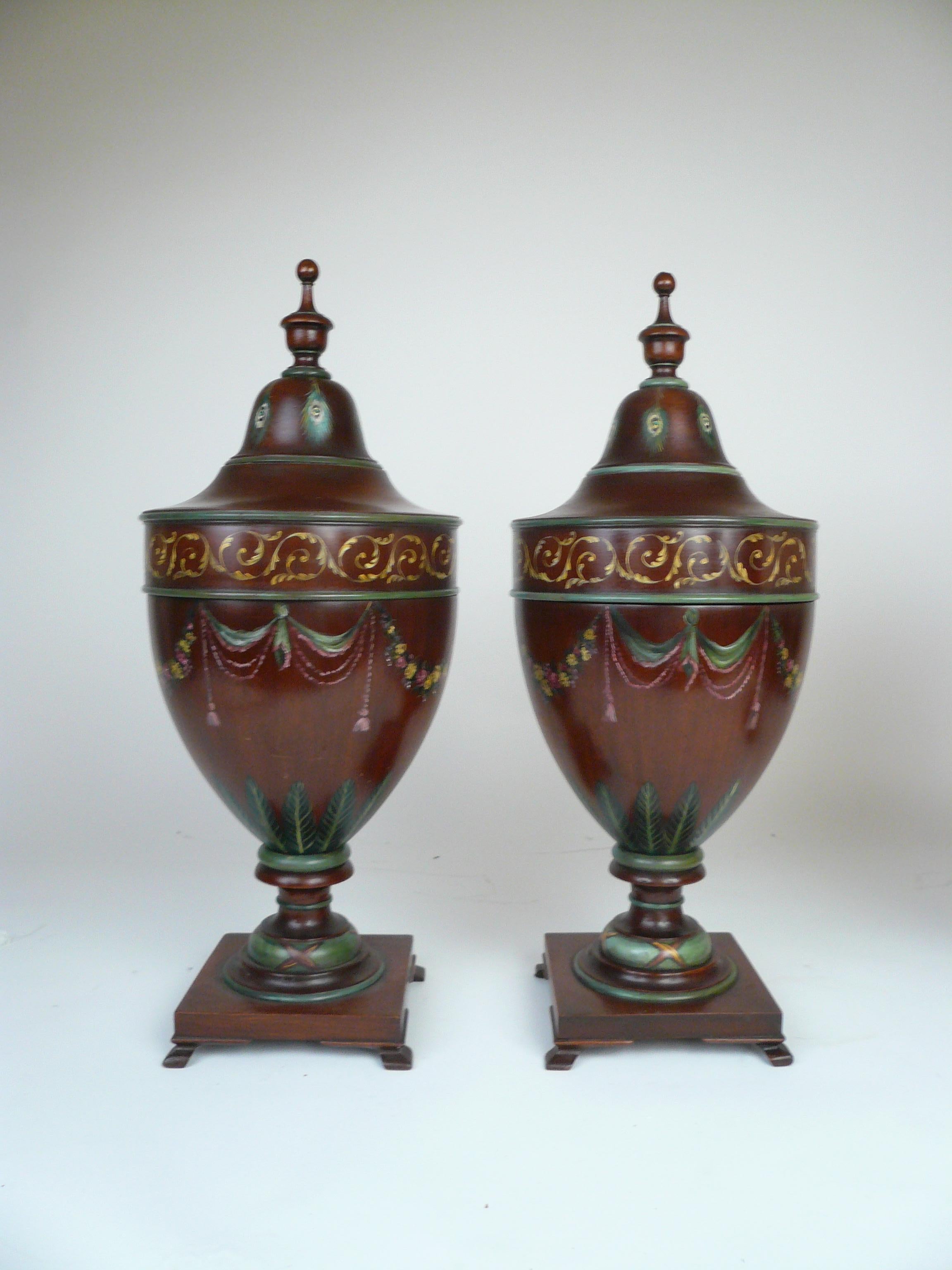 Edwardian Pair of Angelica Kaufman Painted Georgian Style Cutlery Urns or Knife Boxes