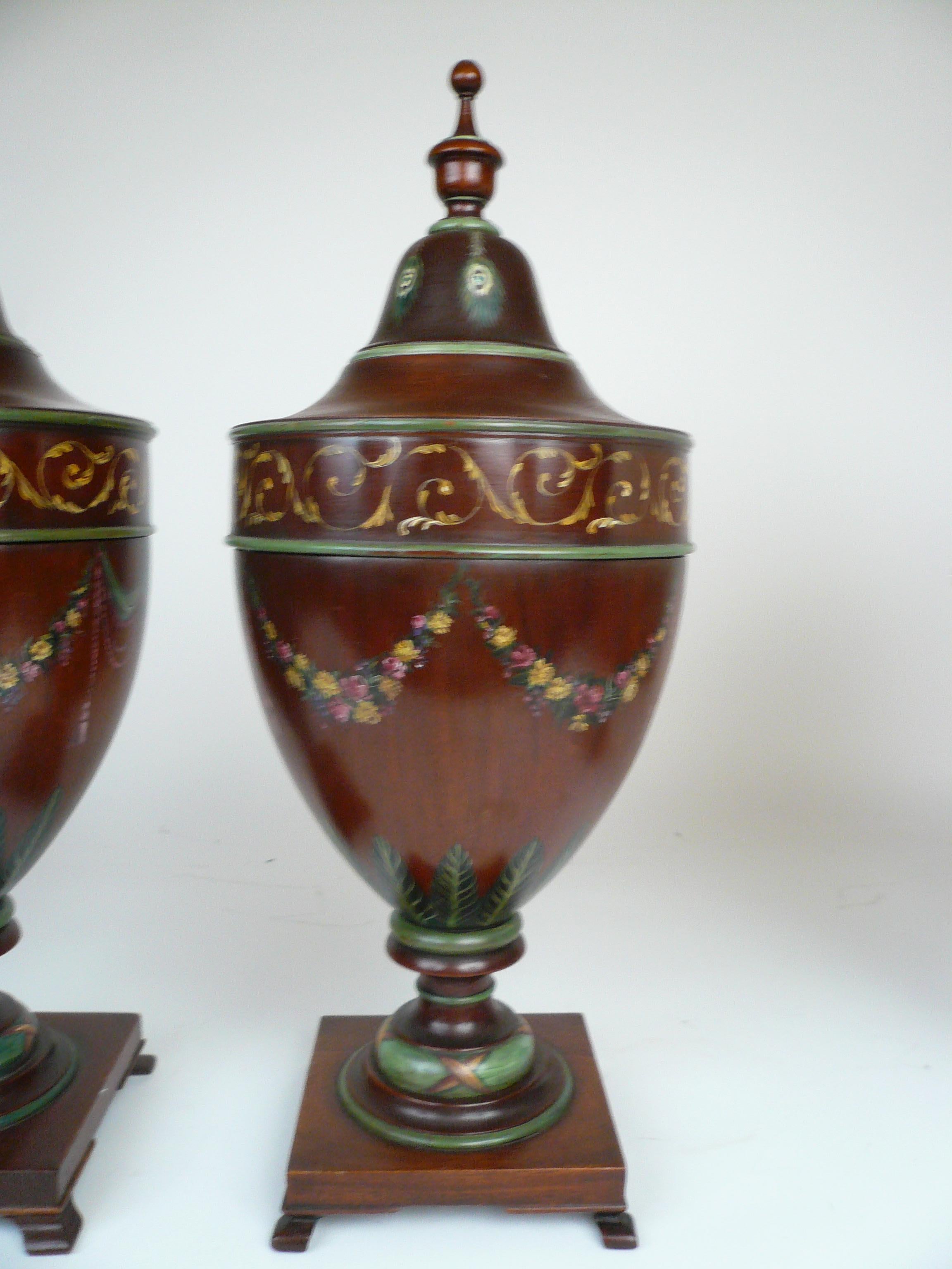 Hand-Painted Pair of Angelica Kaufman Painted Georgian Style Cutlery Urns or Knife Boxes