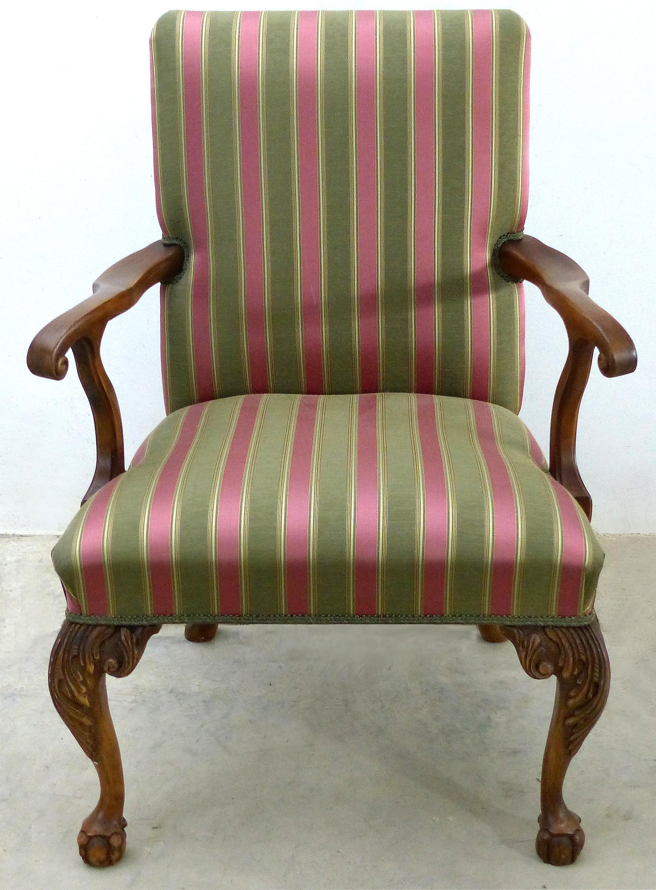 Pair of Angelo Cappellini Chippendale style armchairs upolstered in fabric with hand carved legs in an antique finish.