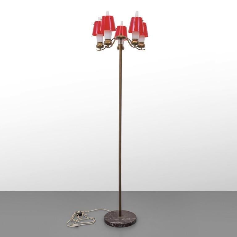 Angelo Lelii (not Lelli) for Arredoluce Monza brass stem floor lamp with white round marble base, original Arredoluce brass floor switch. Five scrolled arms with brass bun shaped lamp holders each with its original opaline glass chimney shade, which